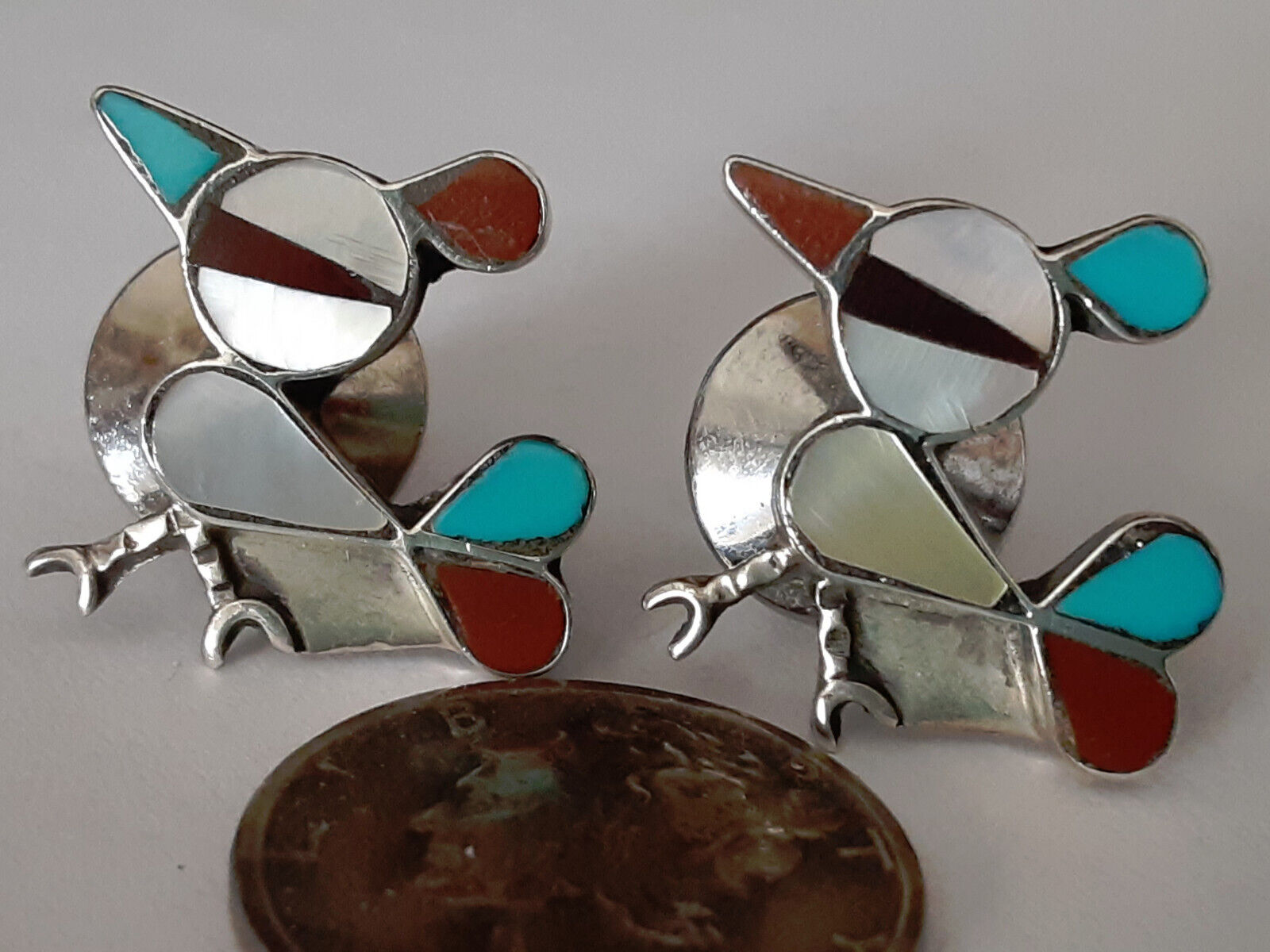 2 Silver Bird Pins Inlayed with MOP, Turquoise, Coral & Onyx VERY NICE