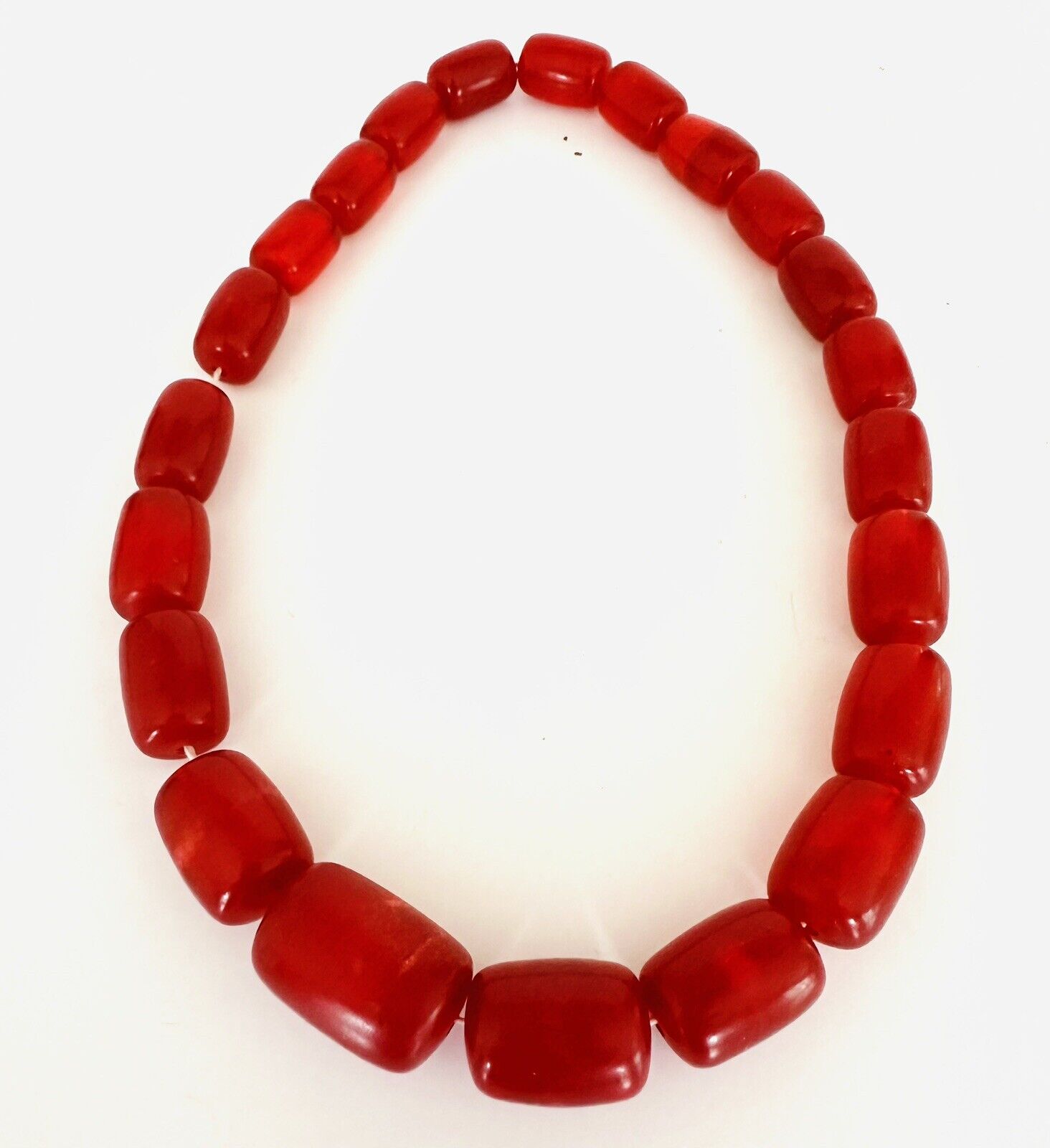 Vintage Cherry Red Amber Bakelite? / Lucite? Barrel Beads Necklace Clasp 48 grms