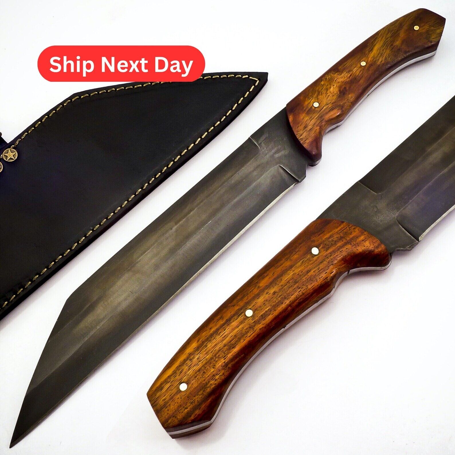 Viking Seax Knife Rail Track Carbon Steel Knife, Bushcraft Knife, Leather Sheath