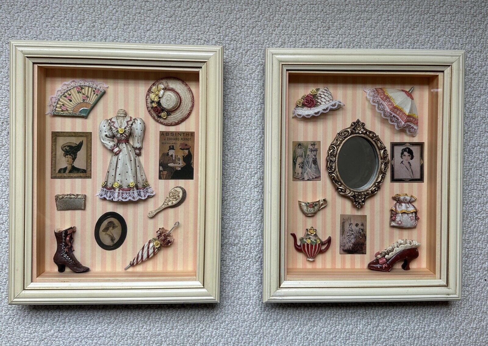 Arister Gifts Victorian Fashion Shadow Box Dress/Hats Framed Grannycore Set Of 2