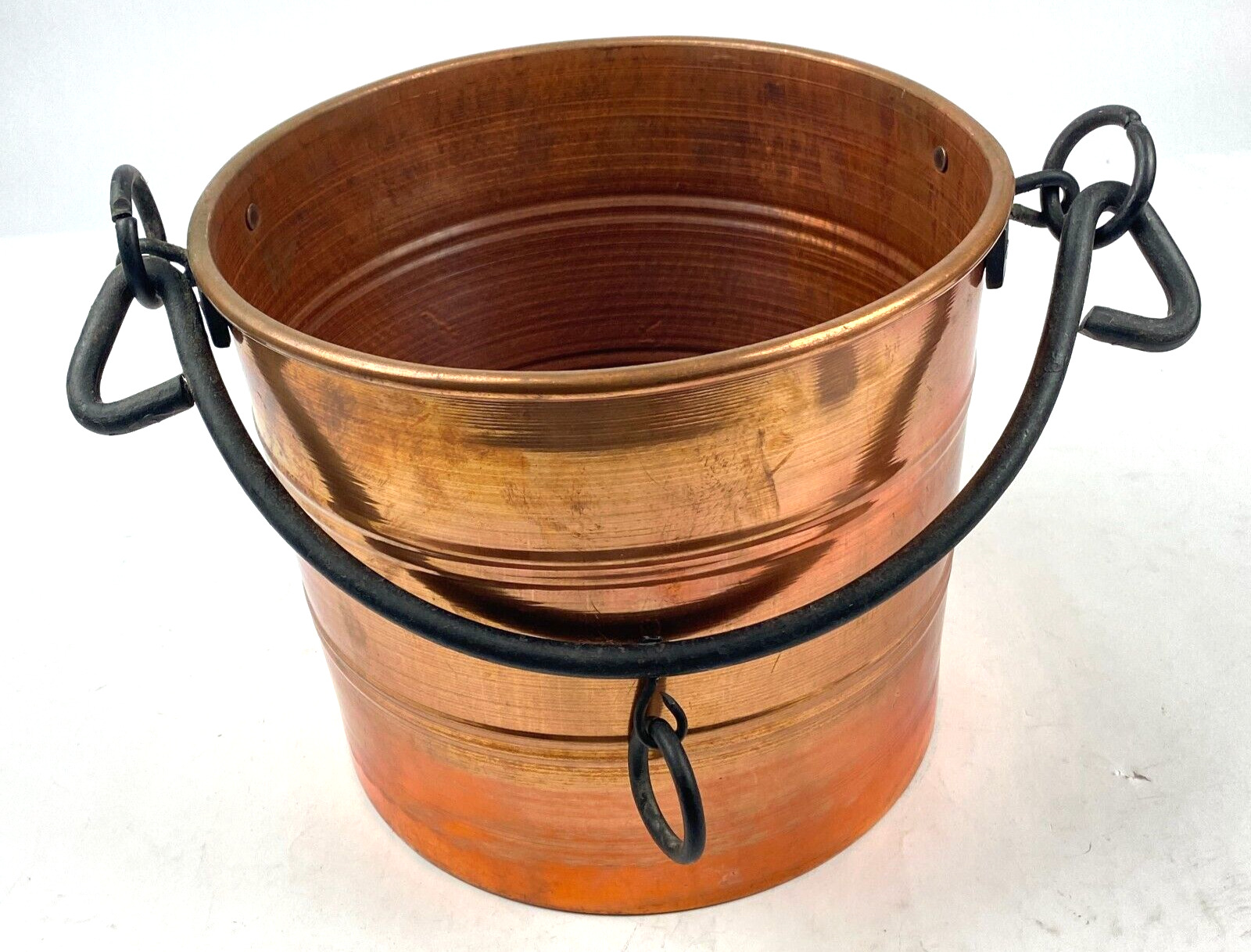 Vintage Copper Planter Bucket Pail Pot Hanging w/ Cast Iron Handle Large