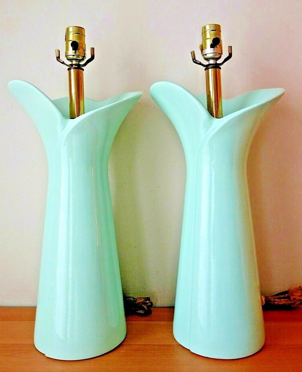 Pair 2 Mid-century Calla Lily Ceramic Table Lamps, Light Aqua Blue Green Color
