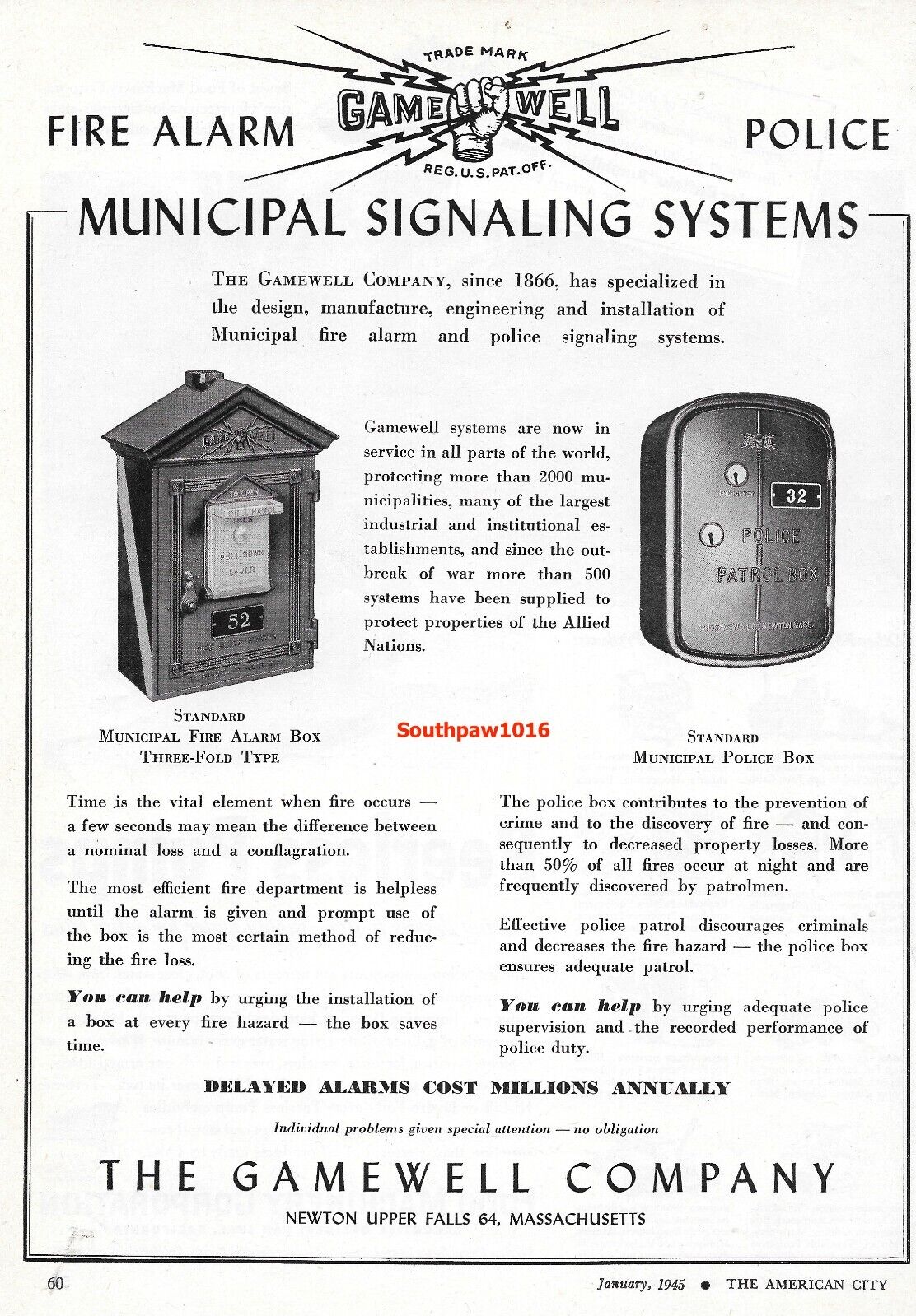1945 Gamewell Fire & Police Municipal Signaling Systems Original Print Ad