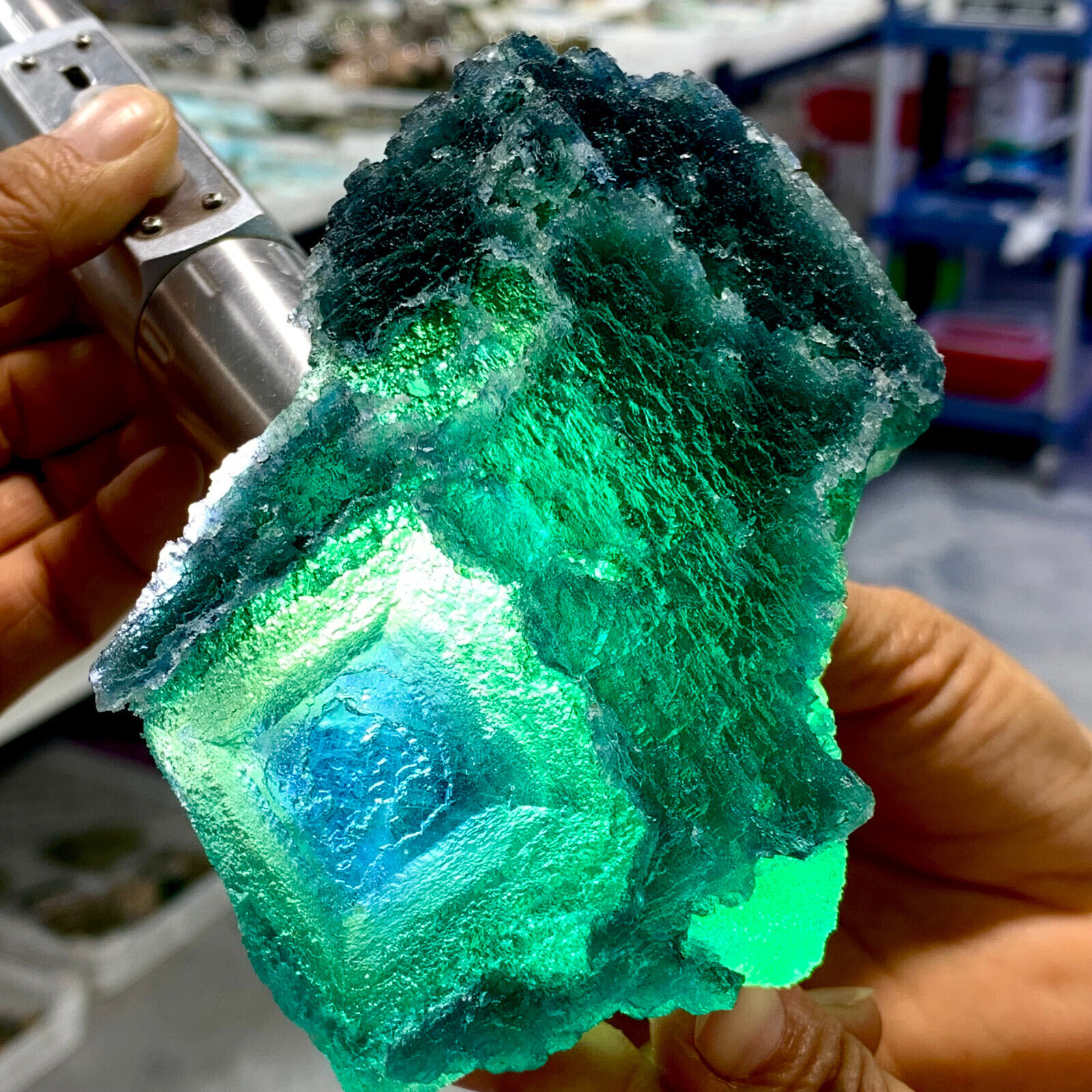 2.1LB Rare transparent blue green cubic fluorite mineral crystal sample/China