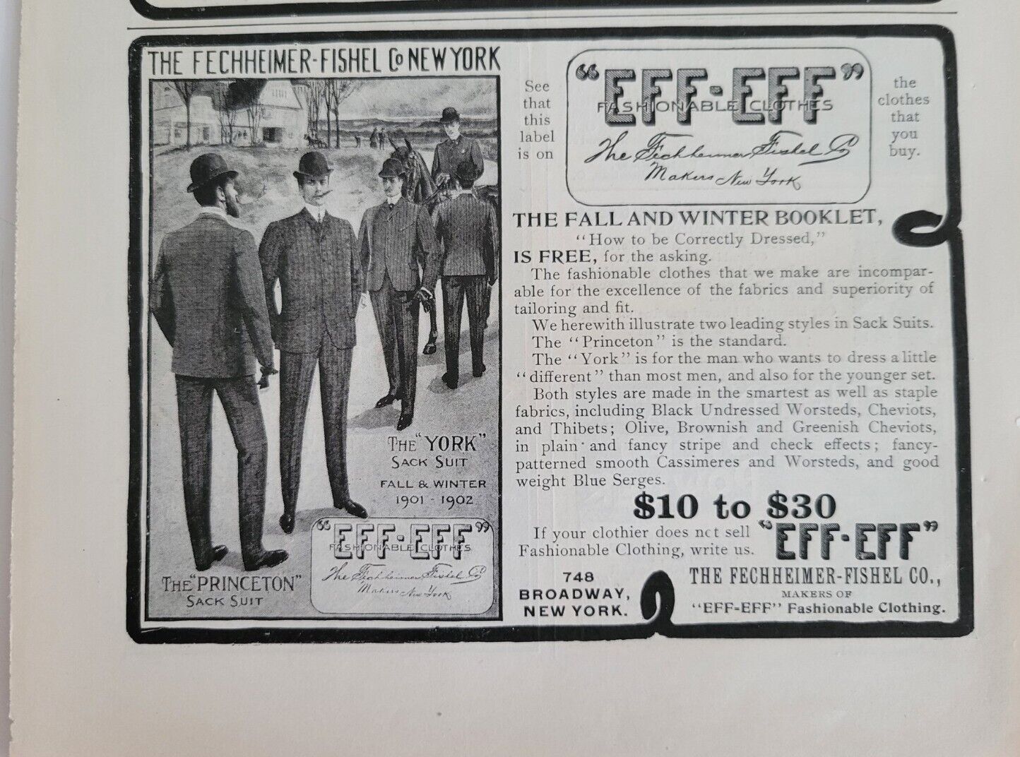 1901 Fechheimer-Fishel Co New York men's Princeton suits clothing vintage ad