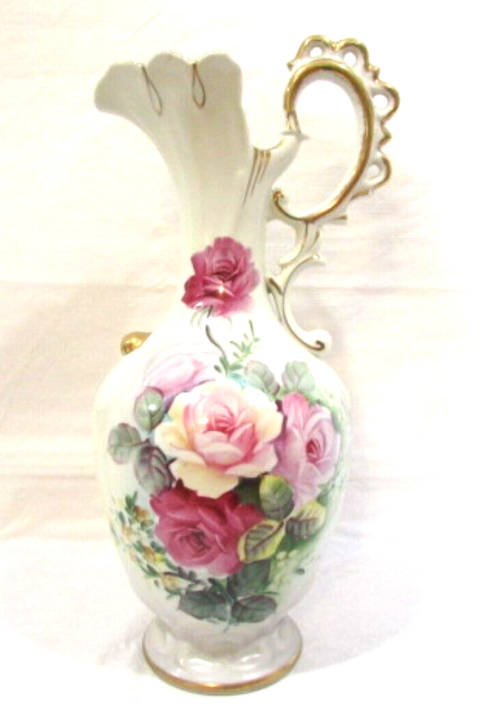 Vintage Norleans Floral Pitcher Ewer Mid Century Hand Painted Roses Gold Trim