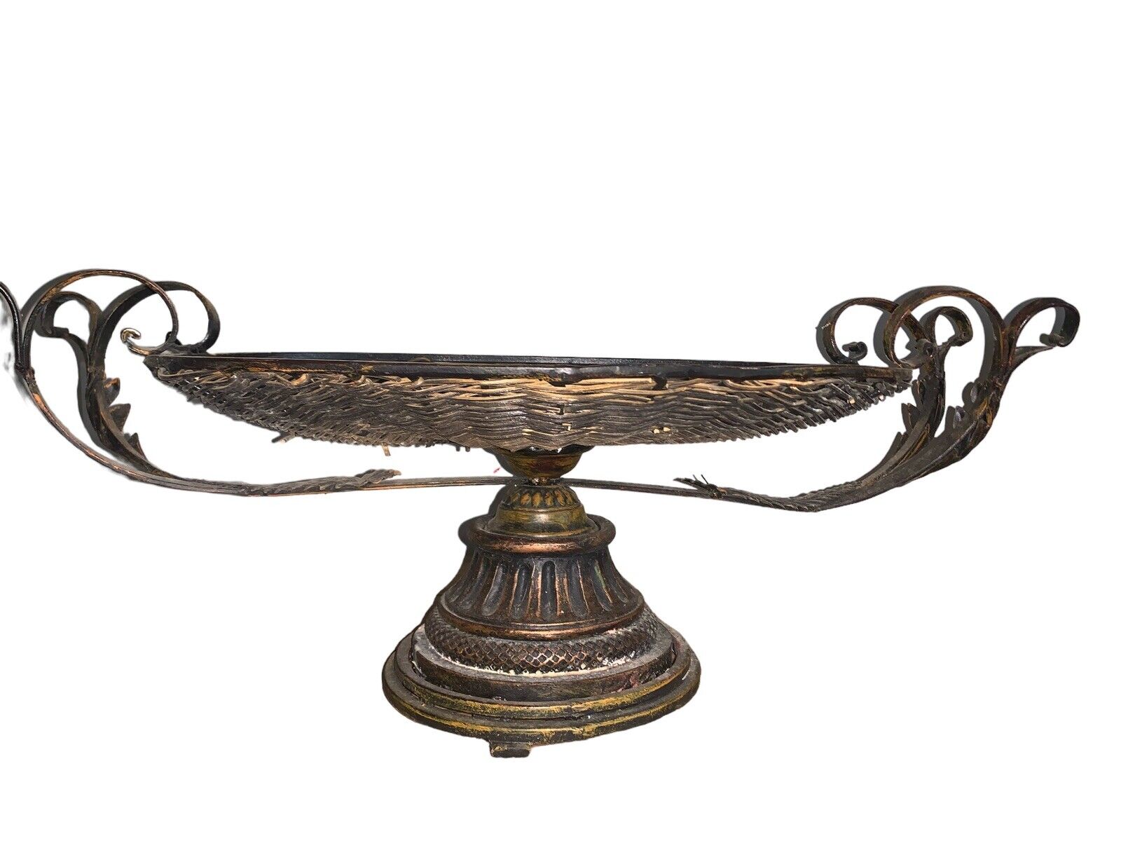 Vintage Bronze Iron Rattan Tazza Centerpiece Compote Ornate Neoclassical Regency