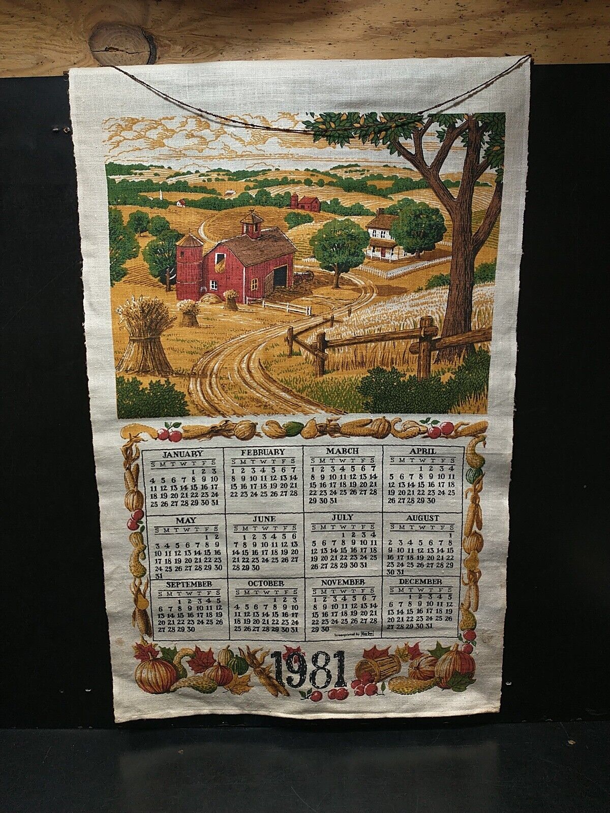 Vtg 1981 Farm House Harvest Cloth Wall Hanging Calendar Screen Printed Kay Dee