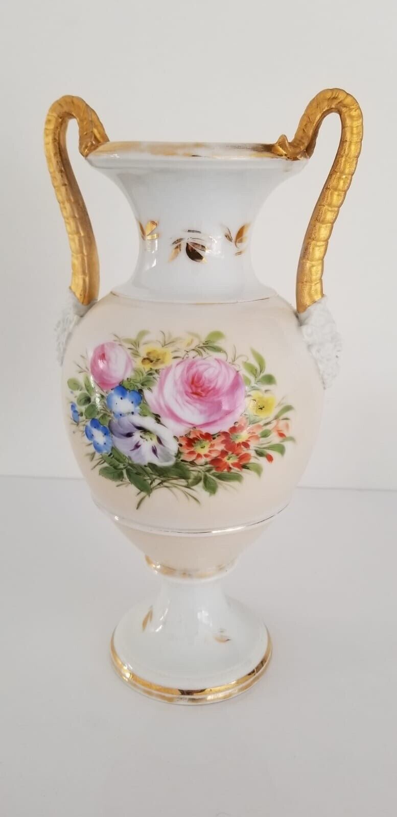 Antique c. 1888 B & G Porcelain Urn Vase w Flowers Pink Roses Figural Handles