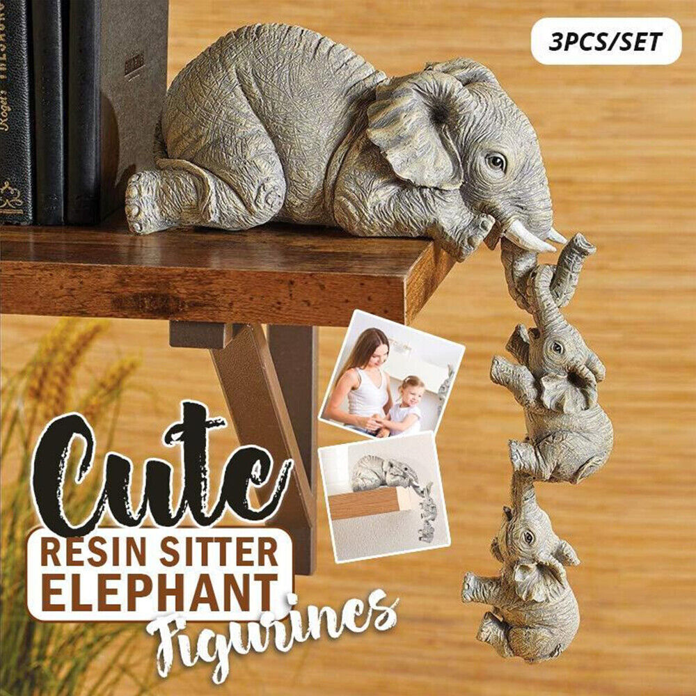 3X Resin Elephant Sitter Figurines Mother and 2 Babies Hanging Mother's Day🎁