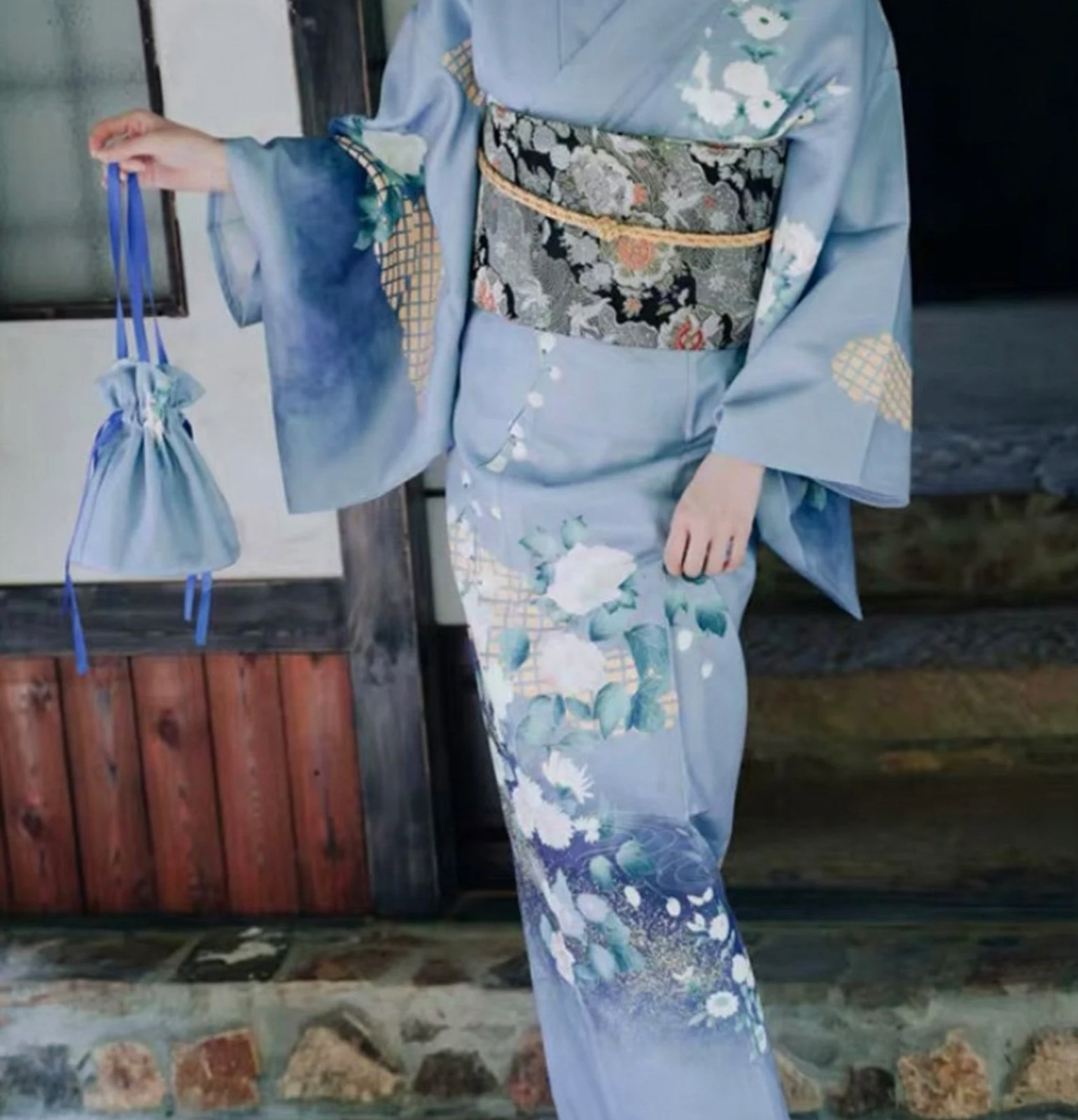 Japanese Yukata Kimono Entire Set (Yukata, Obi, Robe, HandBag, )