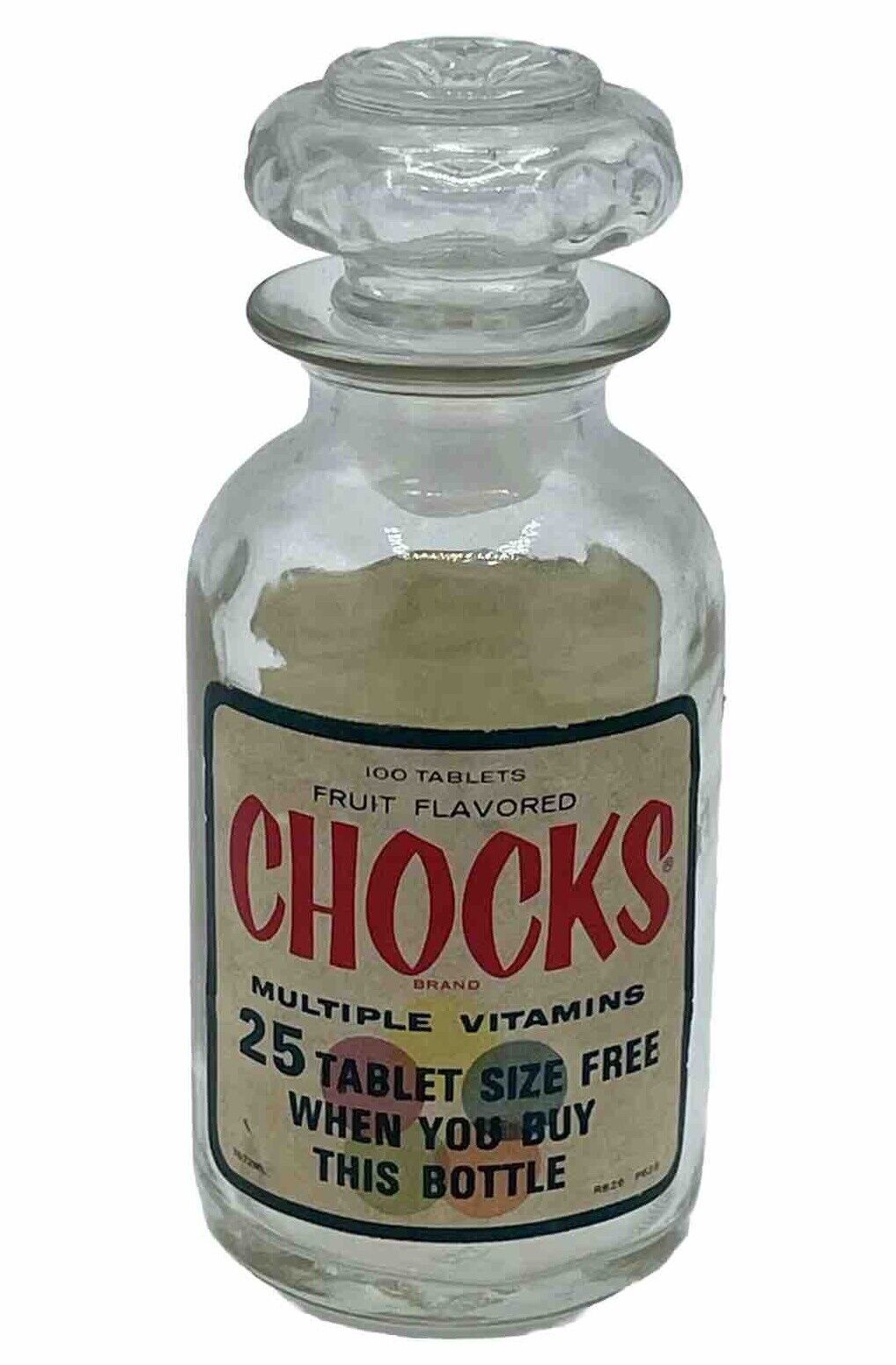 Vintage 60’s CHOCKS  Empty Vitamin 100 Tablet Glass Bottle Stopper Limited RARE