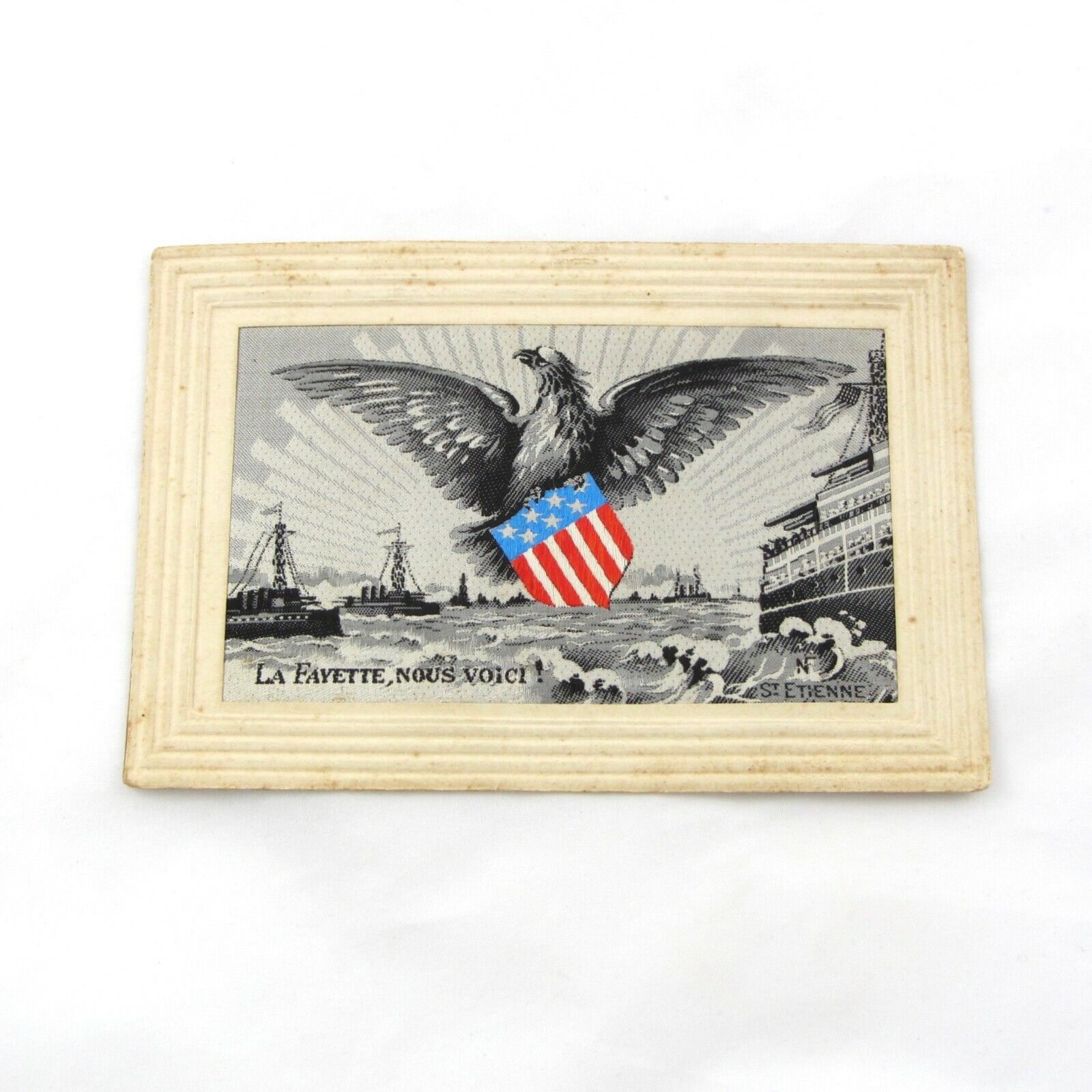 WW1 Woven Silk Patriotic Postcard Neyret Freres La Fayette, Nous Voici Rare HTF