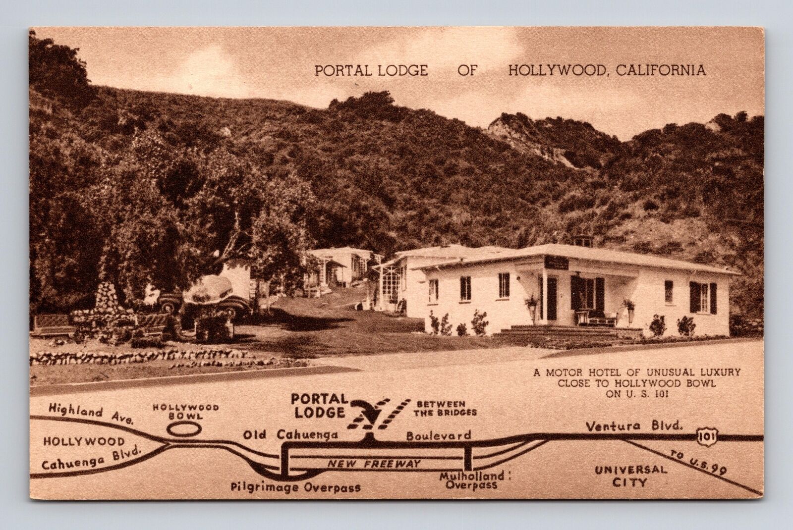 Postcard Hollywood CA California Portal Lodge Motor Hotel Motel Map Cahuenga