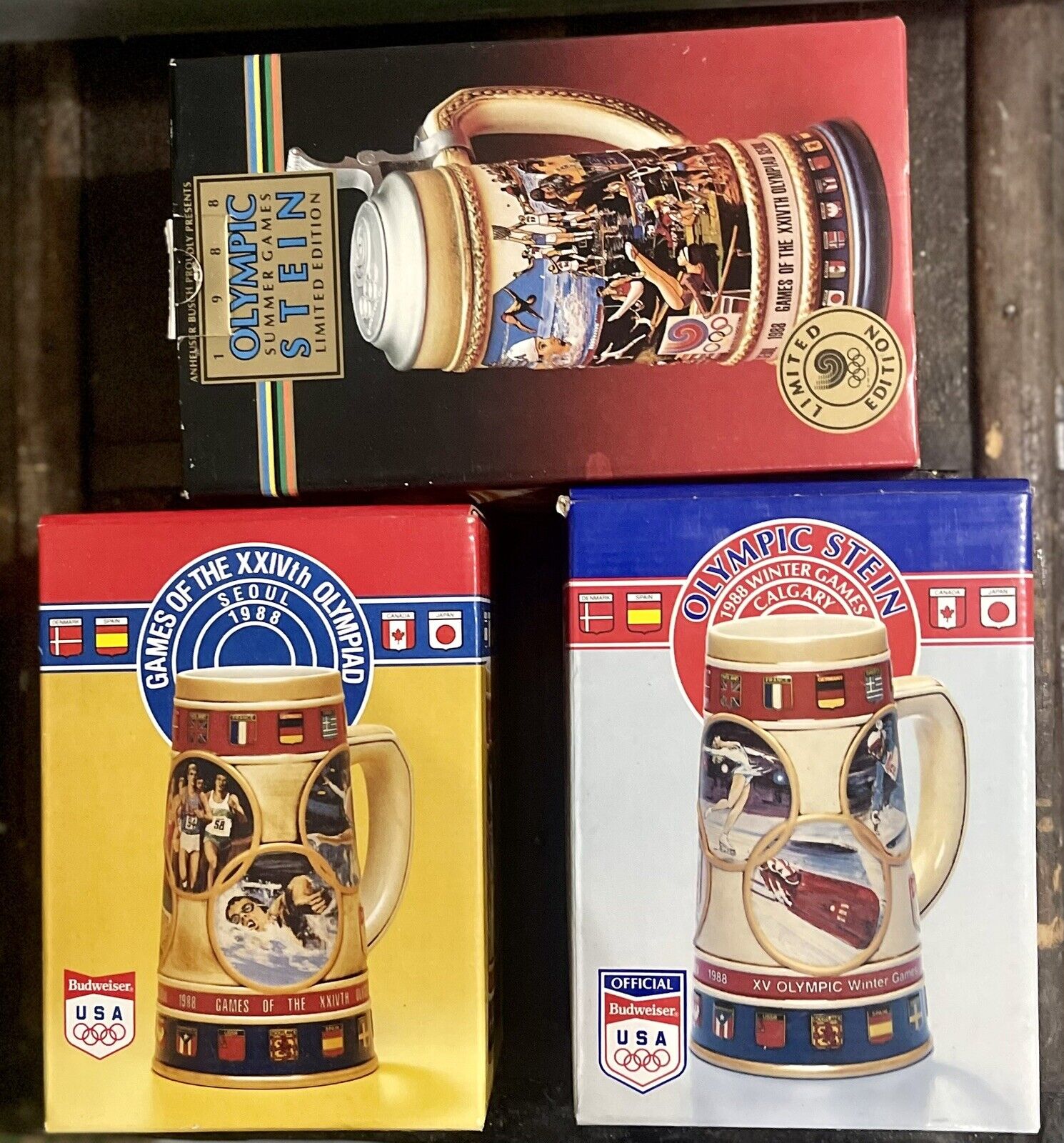 New In Box -Budweiser 1988 Olympic Official Summer And Winter Games Stein 3 Set