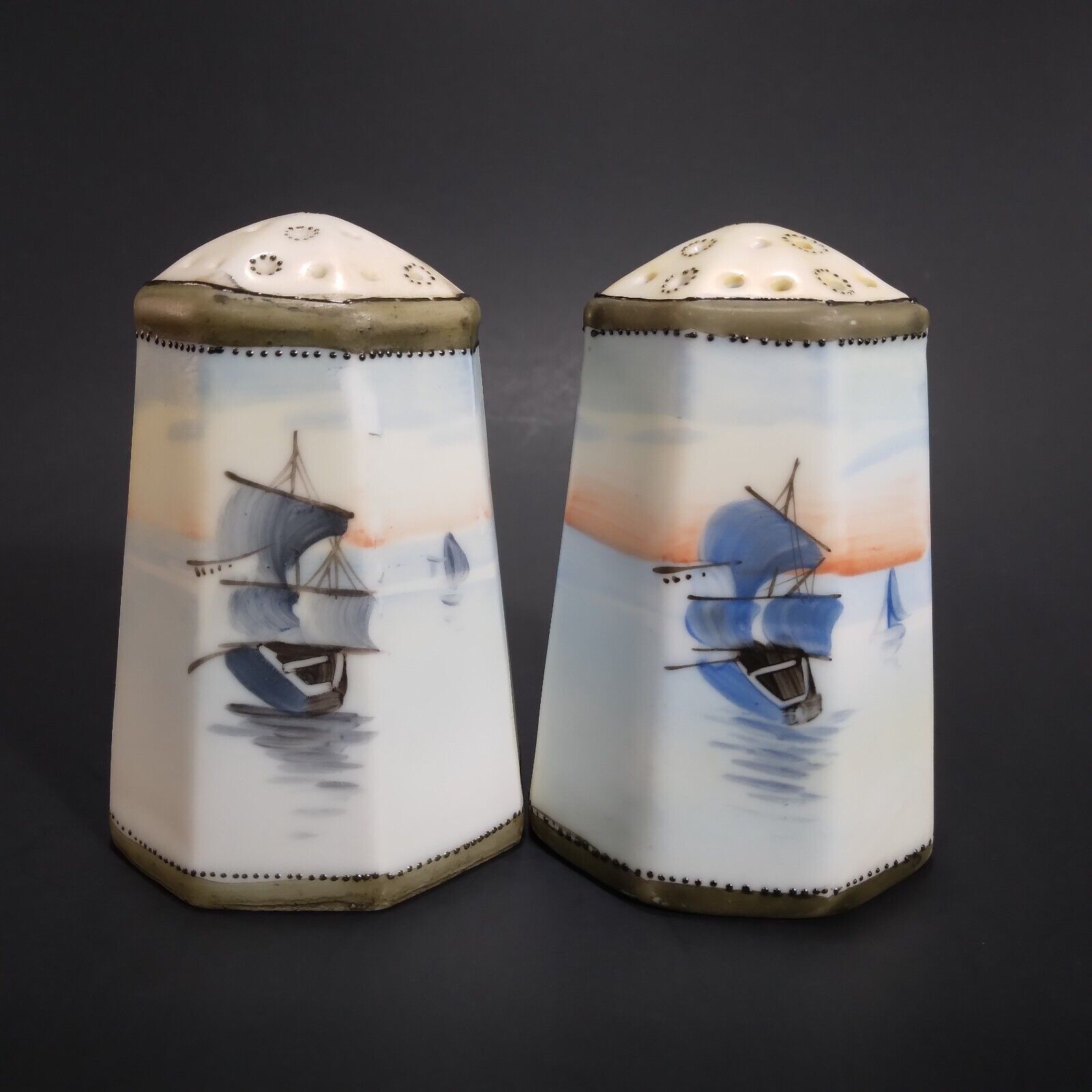 Antique Vtg Porcelain Hand Painted Nippon Sailboat Nautical Salt & Pepper Shaker