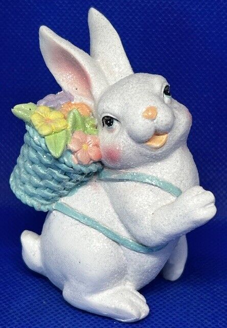 Vintage Spring Easter Bunny Rabbit w/ Flower Basket Backpack Glitter Figurine