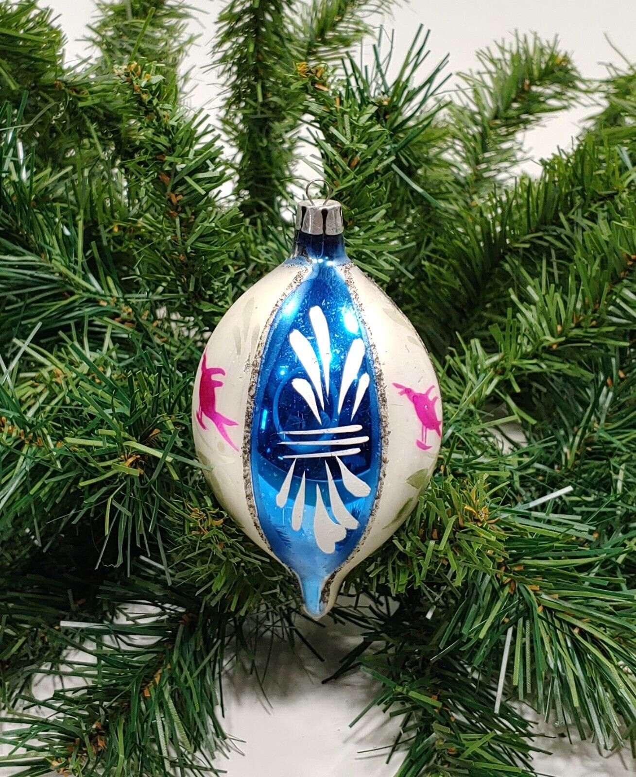 Vintage Poland Teardrop Blue Silver Pink Bird Blown Glass Christmas Ornament