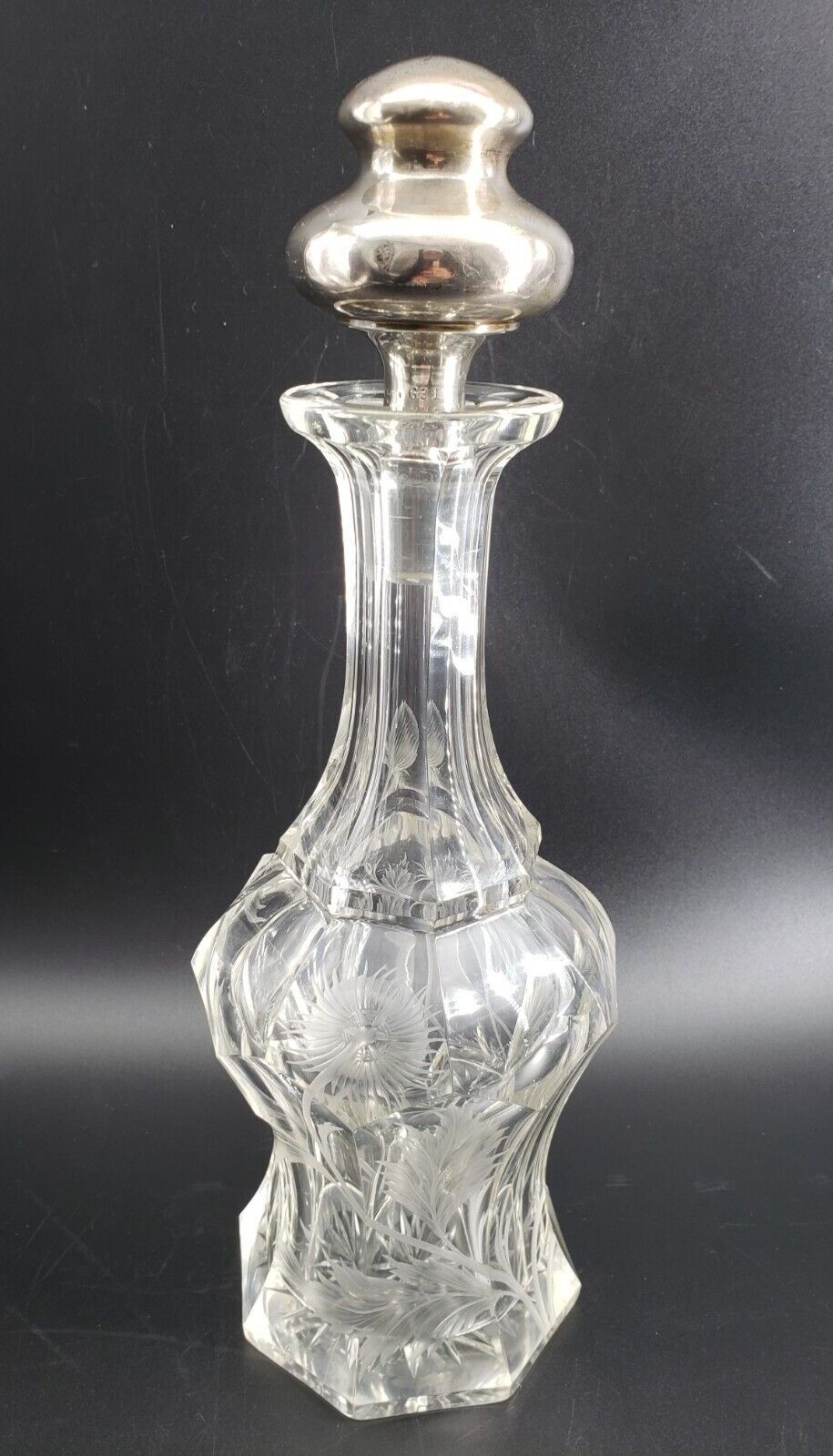 Antique Crystal Decanter Etched Flowers with Sterling Silver Stopper