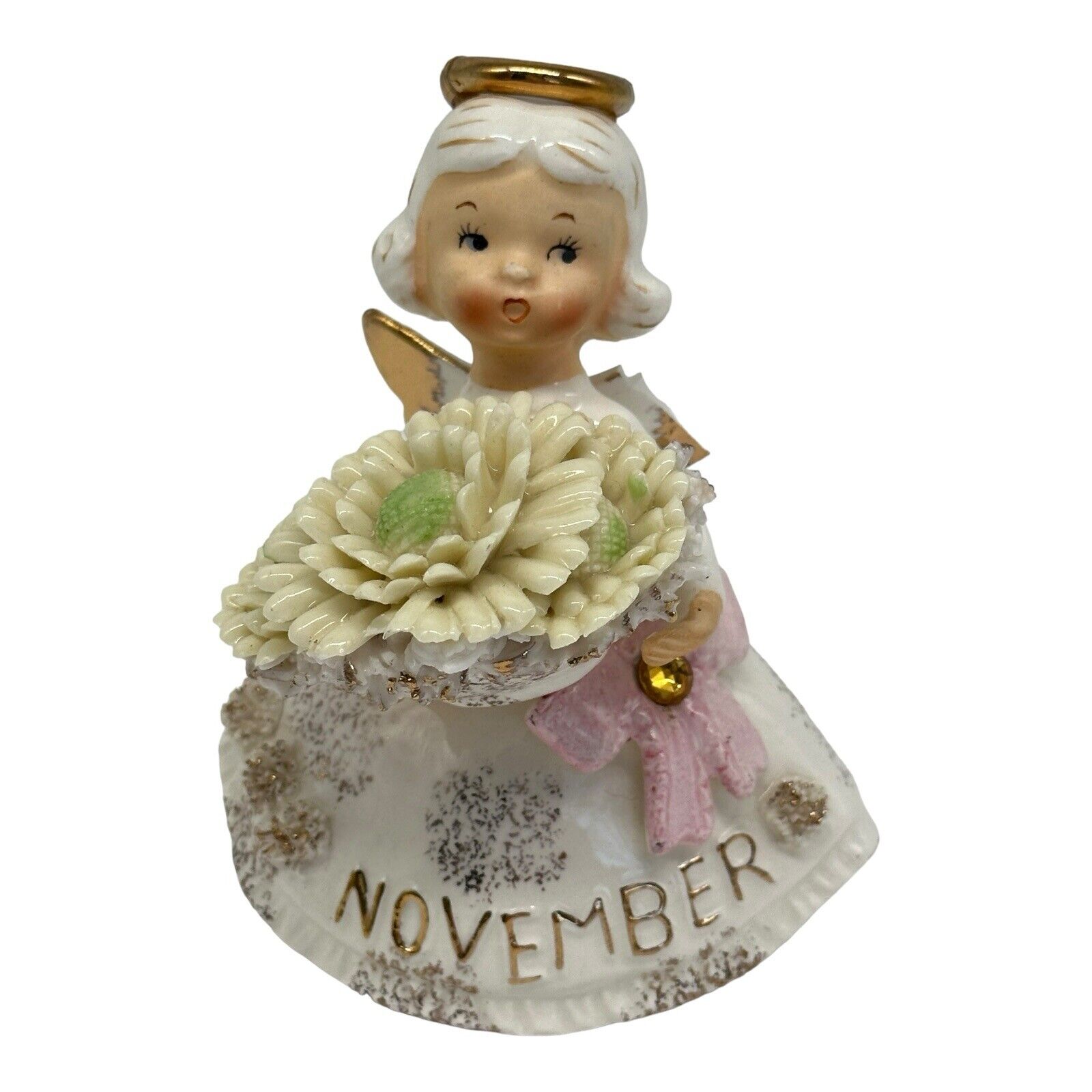 Vintage Lefton Porcelain Birthday Angel November  #489 Mums Topaz   4.25” Tall
