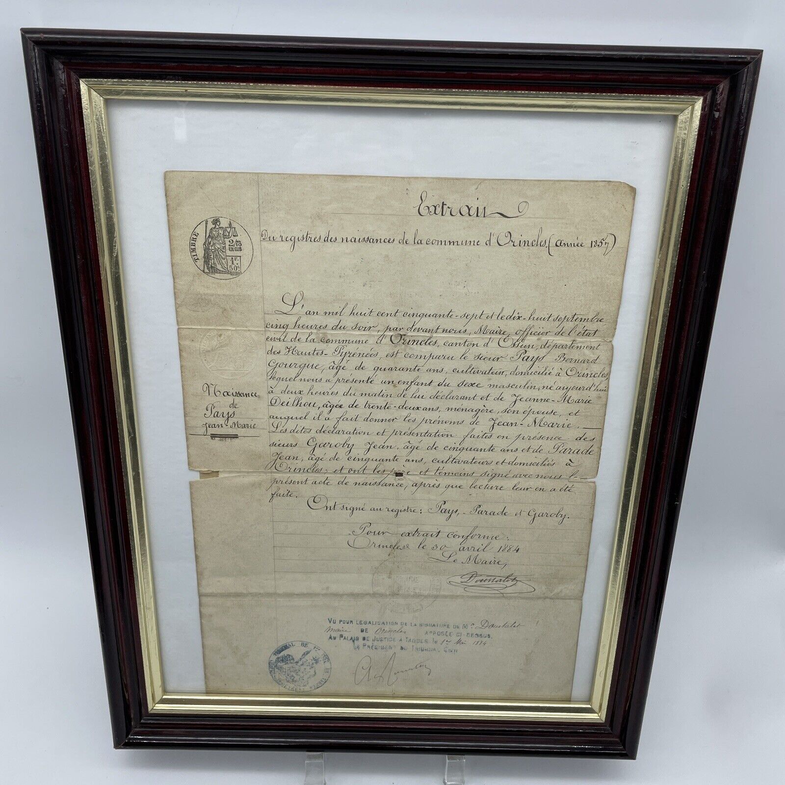 Antique 1857 French Birth Certificate In 14.5 X 11.5 Frame