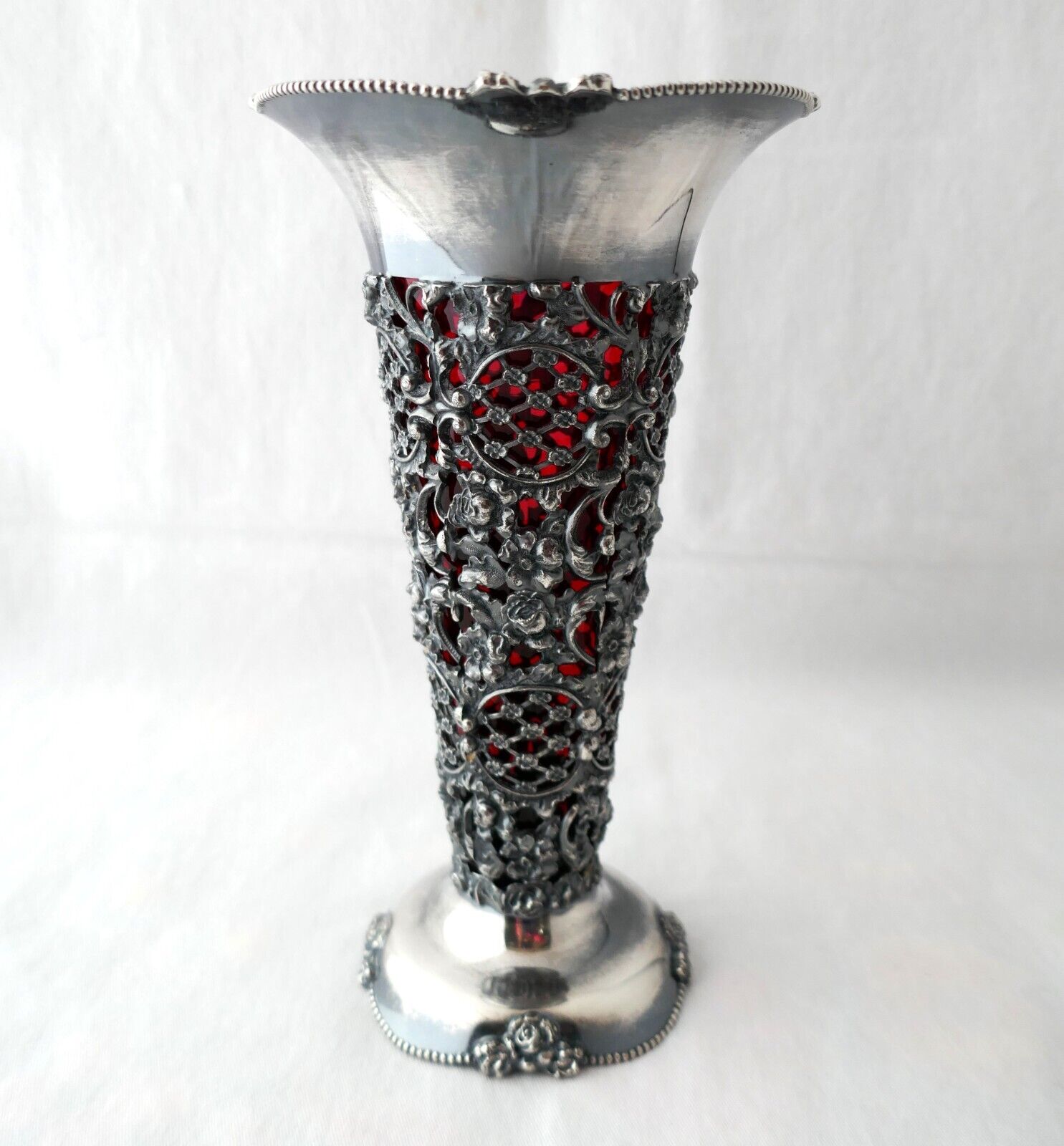 Antique PAIRPOINT QUADRUPLE Silver Plate VASE Ruby red insert 1552 8