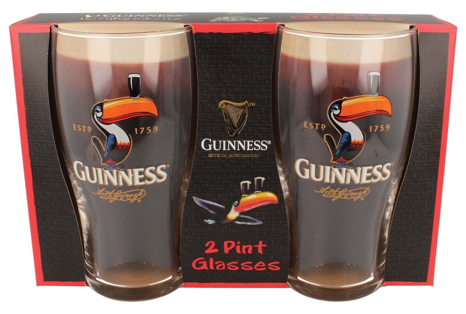 Guinness Toucan Design Pint Glasses pack of 2. Licensed Guinness product