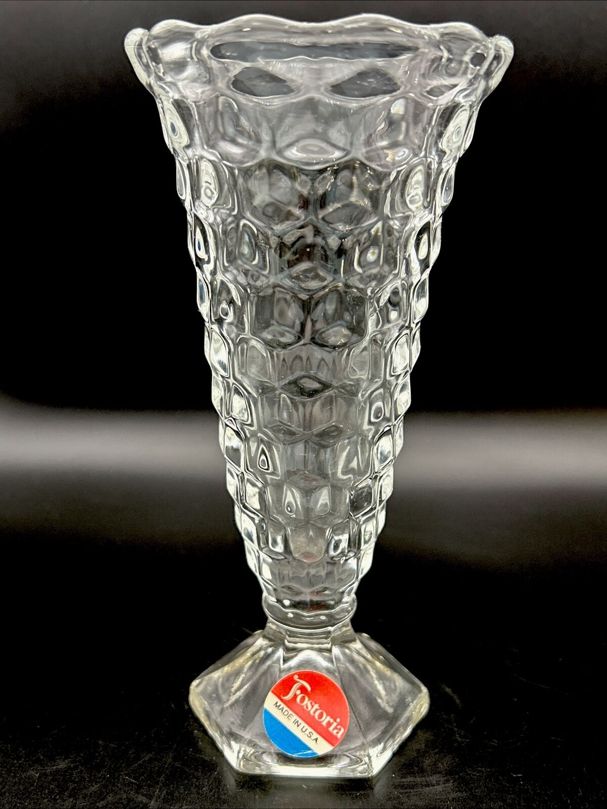 Vintage Fostoria American 6 Inch Flower Bud Vase Flared Hex Base Clear Glass USA
