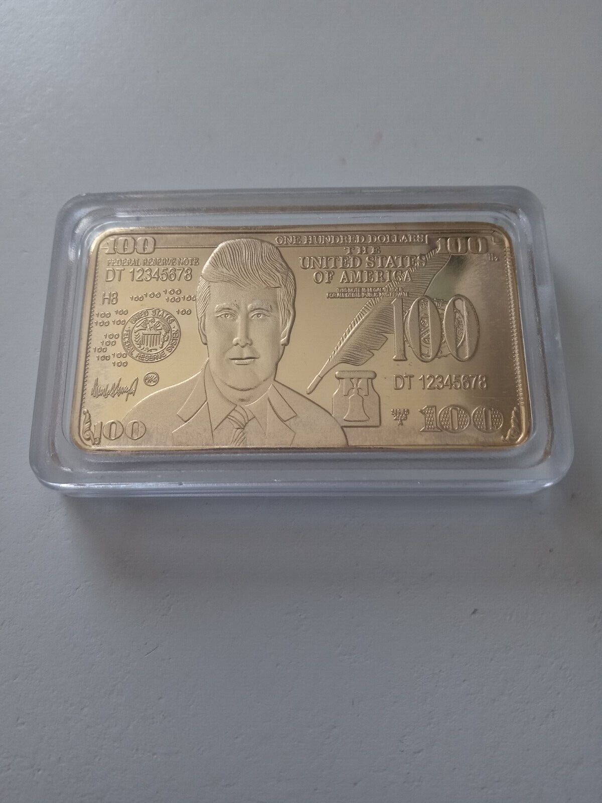Donald Trump $100 gold bar; 24k gold electroplated bullion. Collectors coin.
