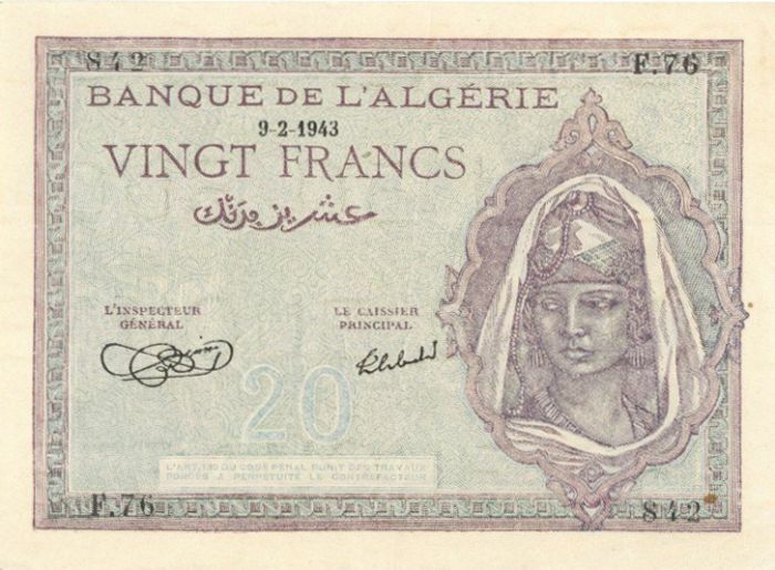 Algeria - 20 Francs - P-92 - 1943 dated Foreign Paper Money - Paper Money - Fore