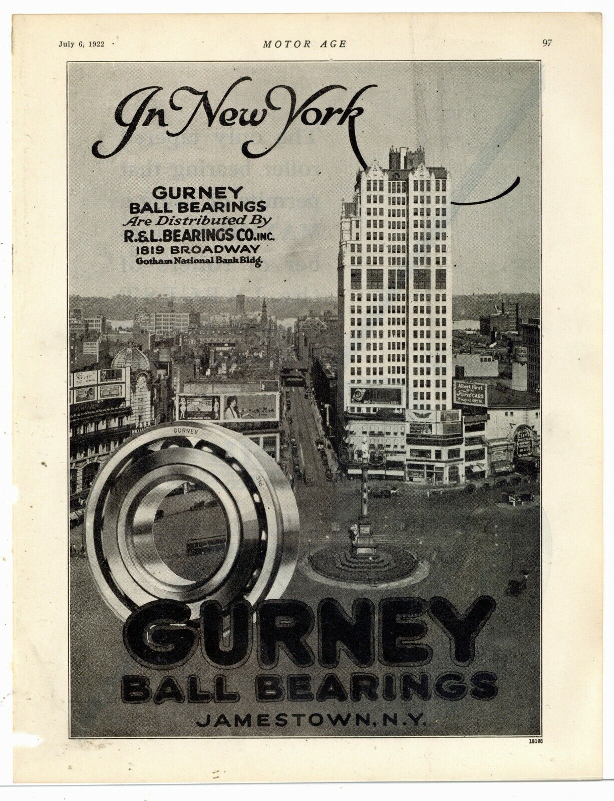 1922 Gurney Bearings Ad: New York City - R & L Bearing 1819 Broadway Gotham Bank