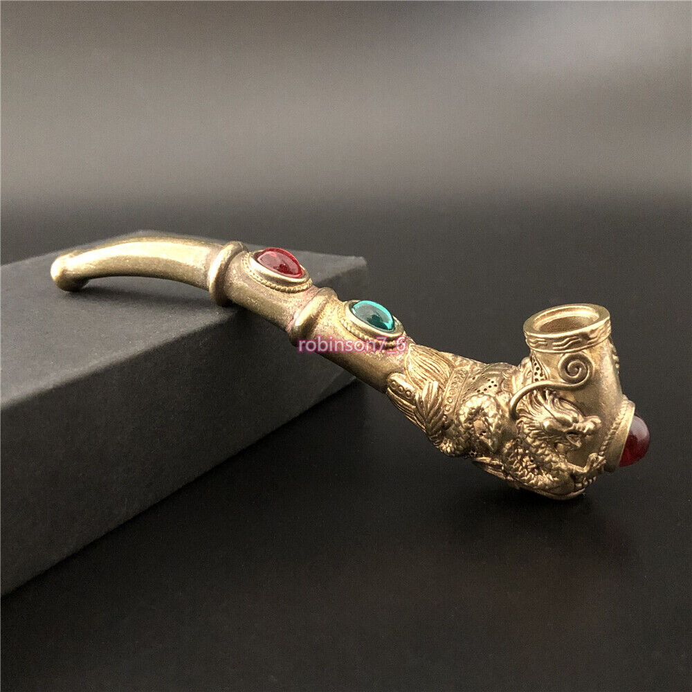Handmade Carving Dragon Phoenix Brass Metal Smoking Pipe Chamber Tobacco Herb