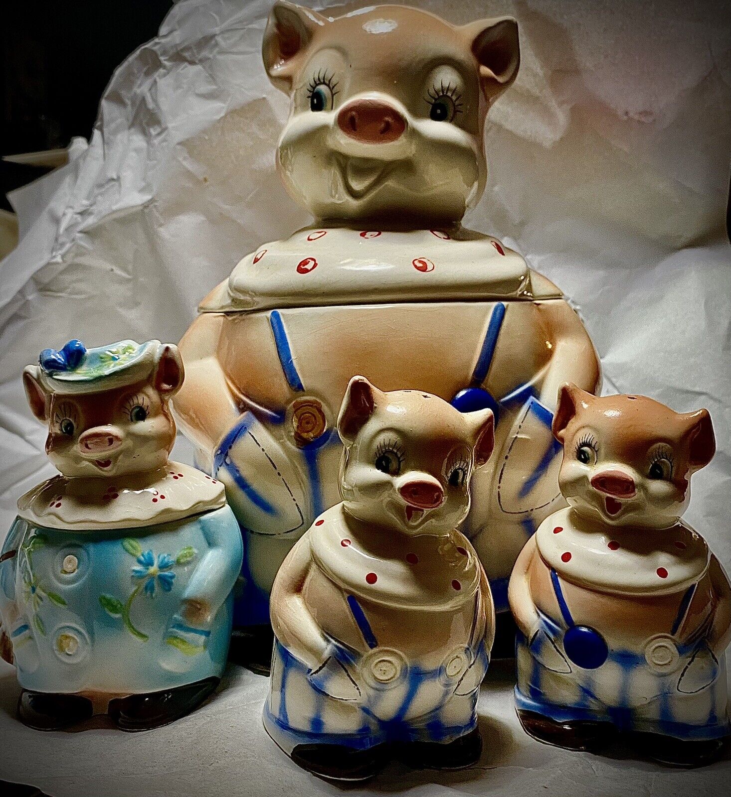 Vintage 1940s PIG IN OVERALLS Cookie Jar Set Lorraine Elam Ceramic Enesco