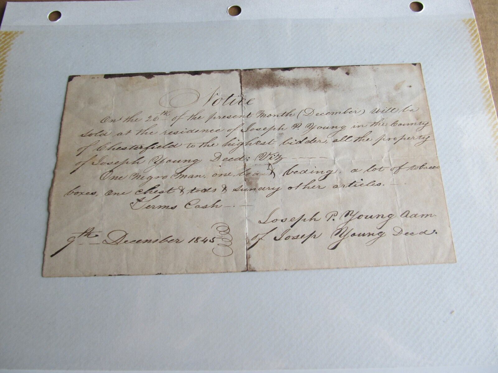 1845 Property Sale Letter Joseph Young Negro Slave Chesterfield Co VA Virginia