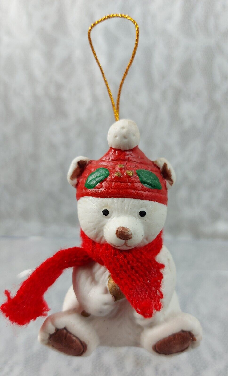 Vintage Christmas Teddy Bear Bell Tree Ornament Red Hat White Porcelain Grandmas