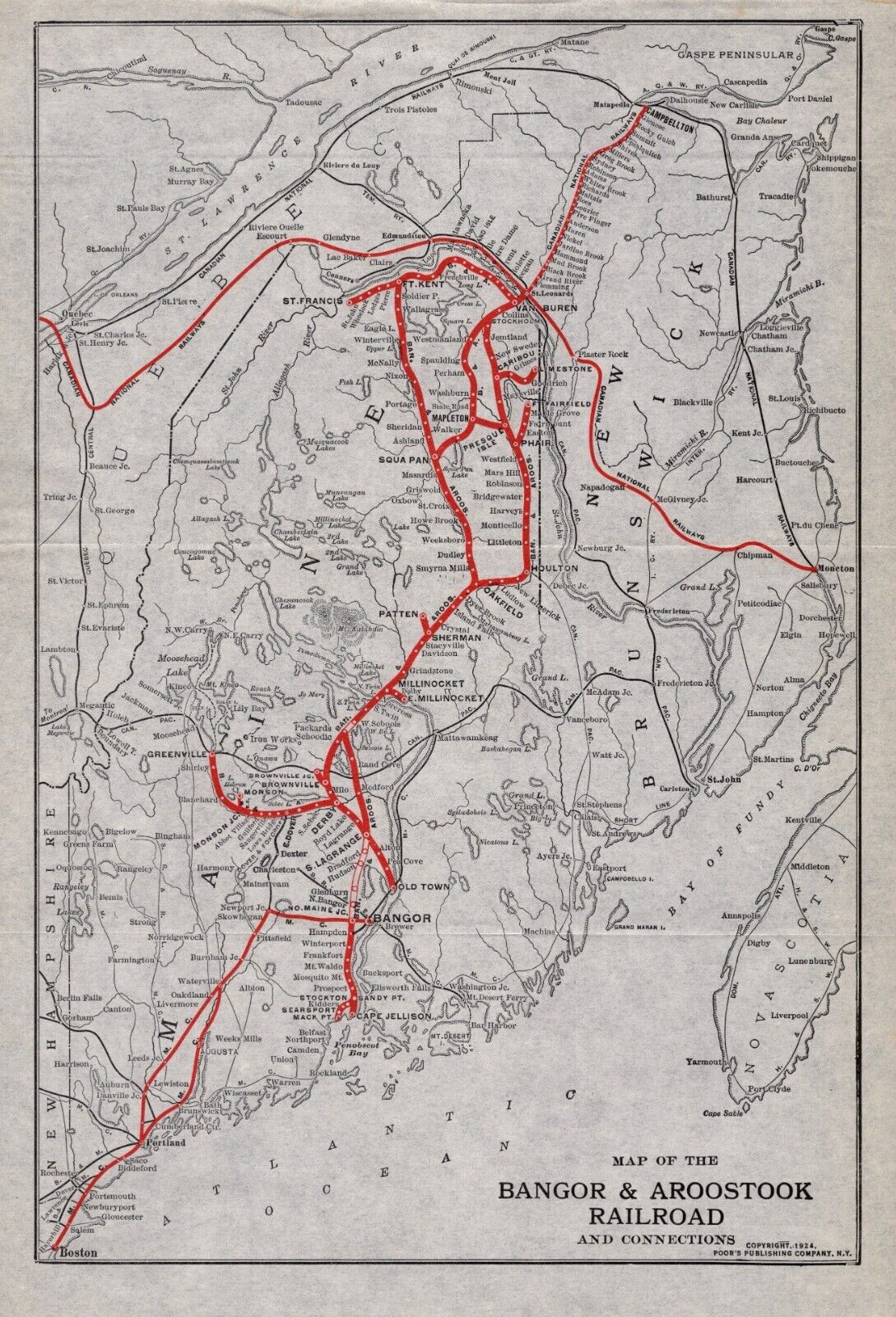 1924 Antique Bangor & Aroostook Railroad Map Vintage Maine Railway Map 1706