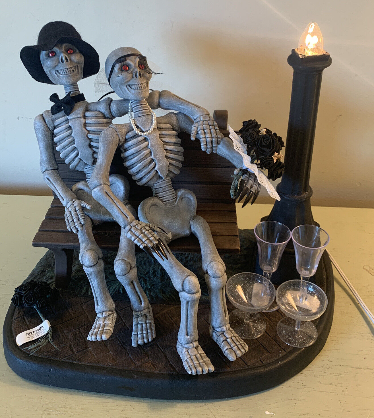 Spooky Halloween Decor Vignette Custom Skeleton Wedding Couple On Bench Lighted