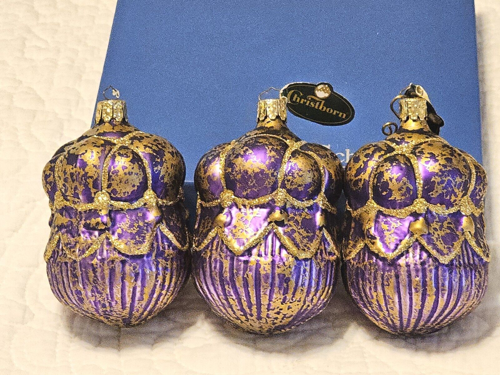 VTG Christborn Purple & Gold Blown Glass Set Of 3 Christmas Ornament Germany 