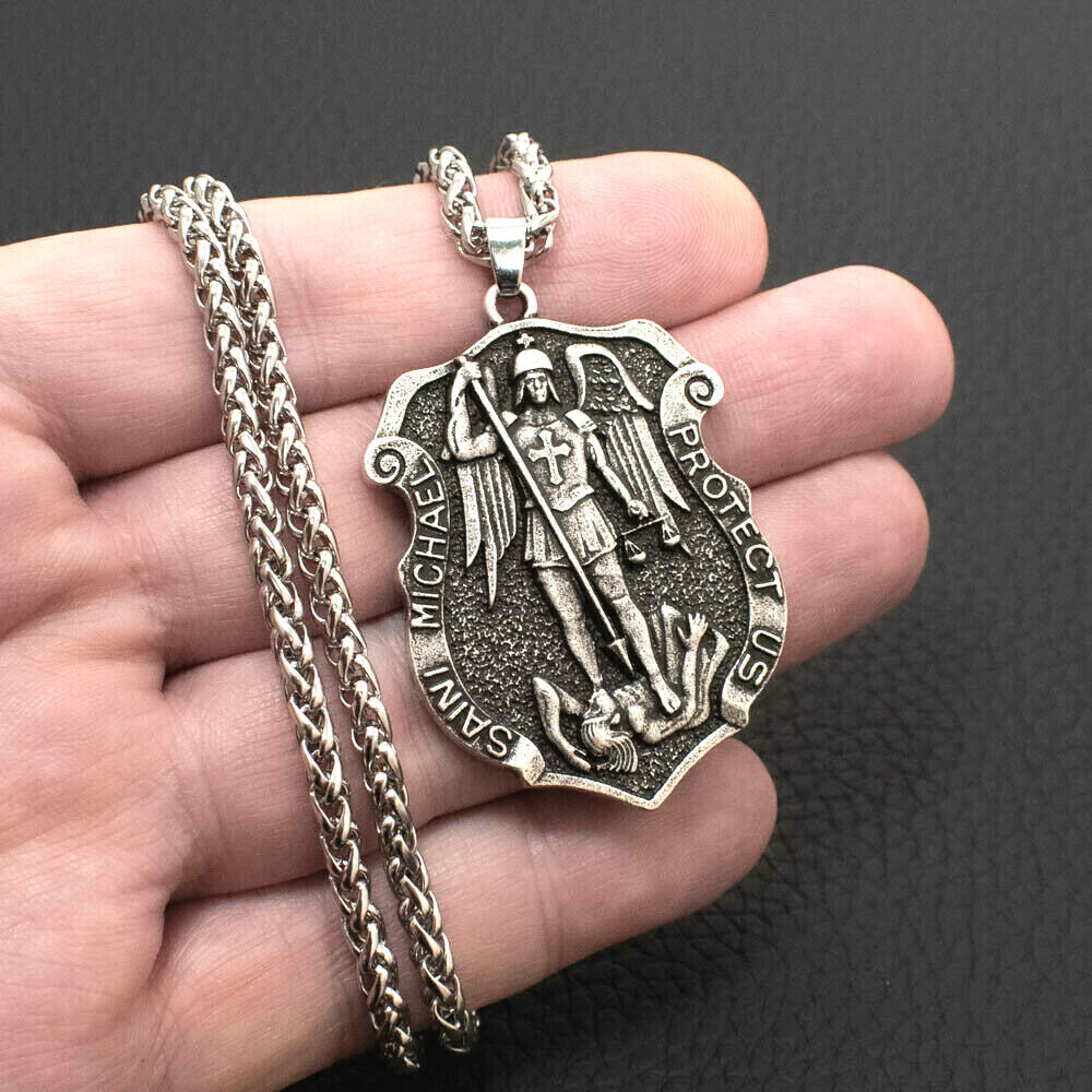 Large Saint St Michael Medal Shield Badge Pendant Necklace w Strong Spiga Chain