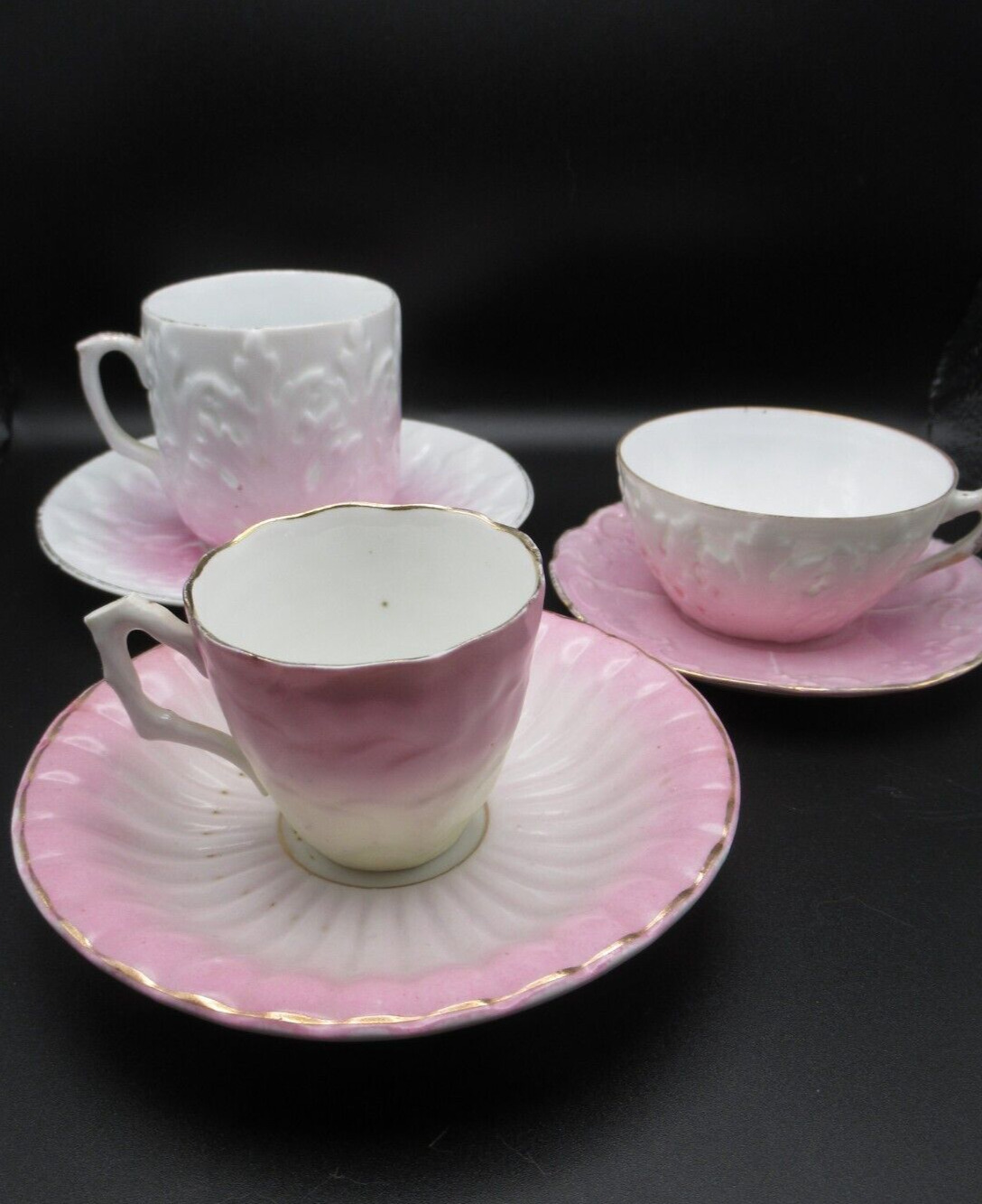 Antique lot 3 cup saucers pink white gold accents repousse Germany dainty thin