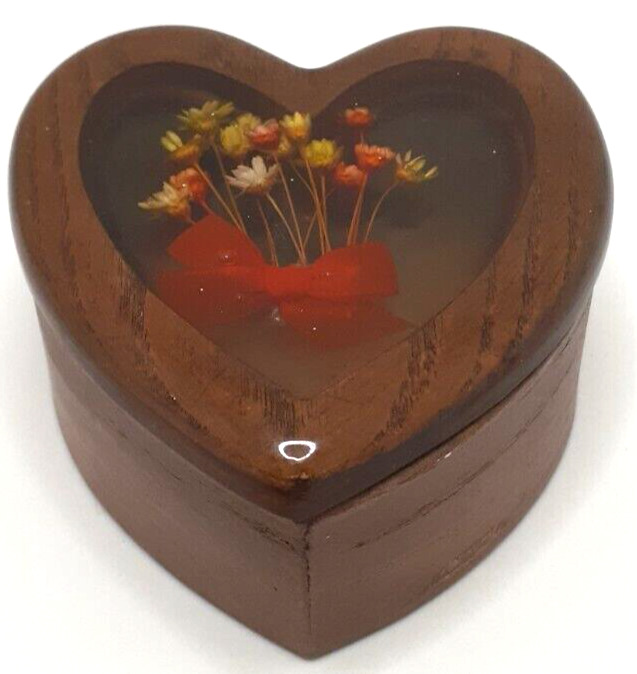 Heart Shaped Wood Trinket Box Lucite Dried Wild Flowers Red Bow Vintage