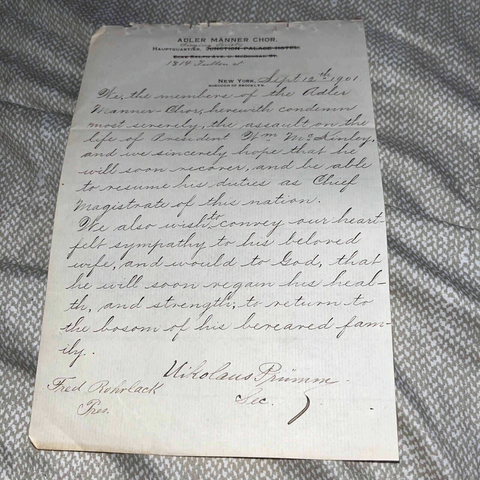 Antique Adler Männer Singing Society Letter New York on McKinley Assassination