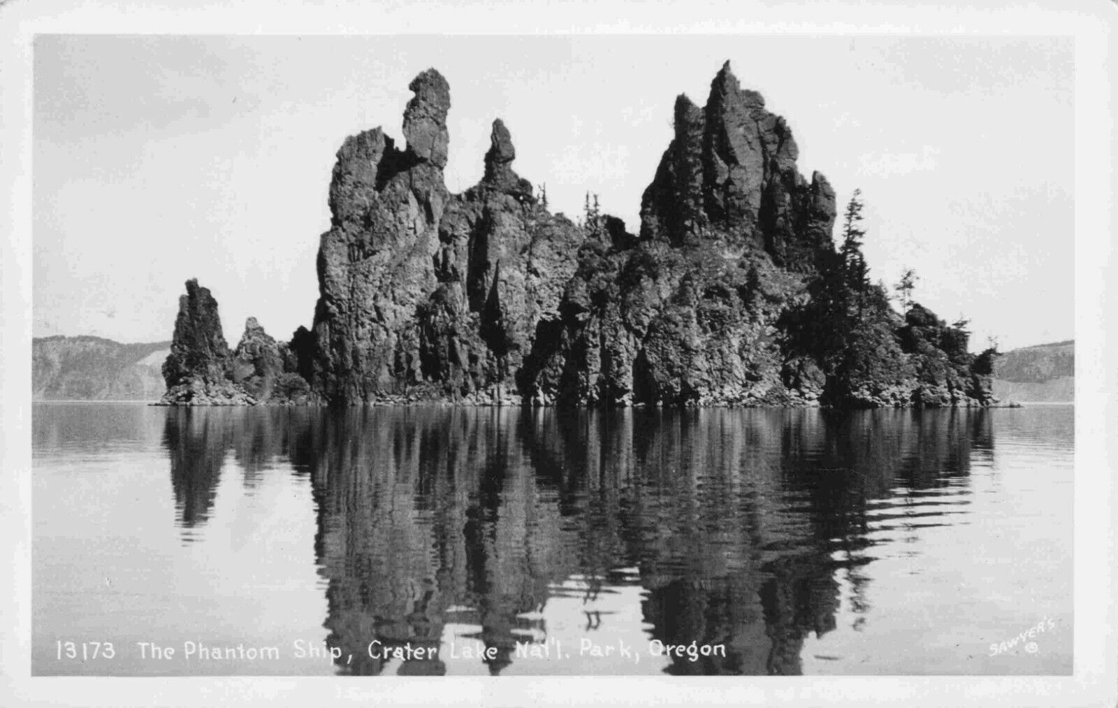 RPPC Crater Lake Oregon Rock Formation Phantom Ship Sawyer\'s 1940\'s OR Postcard