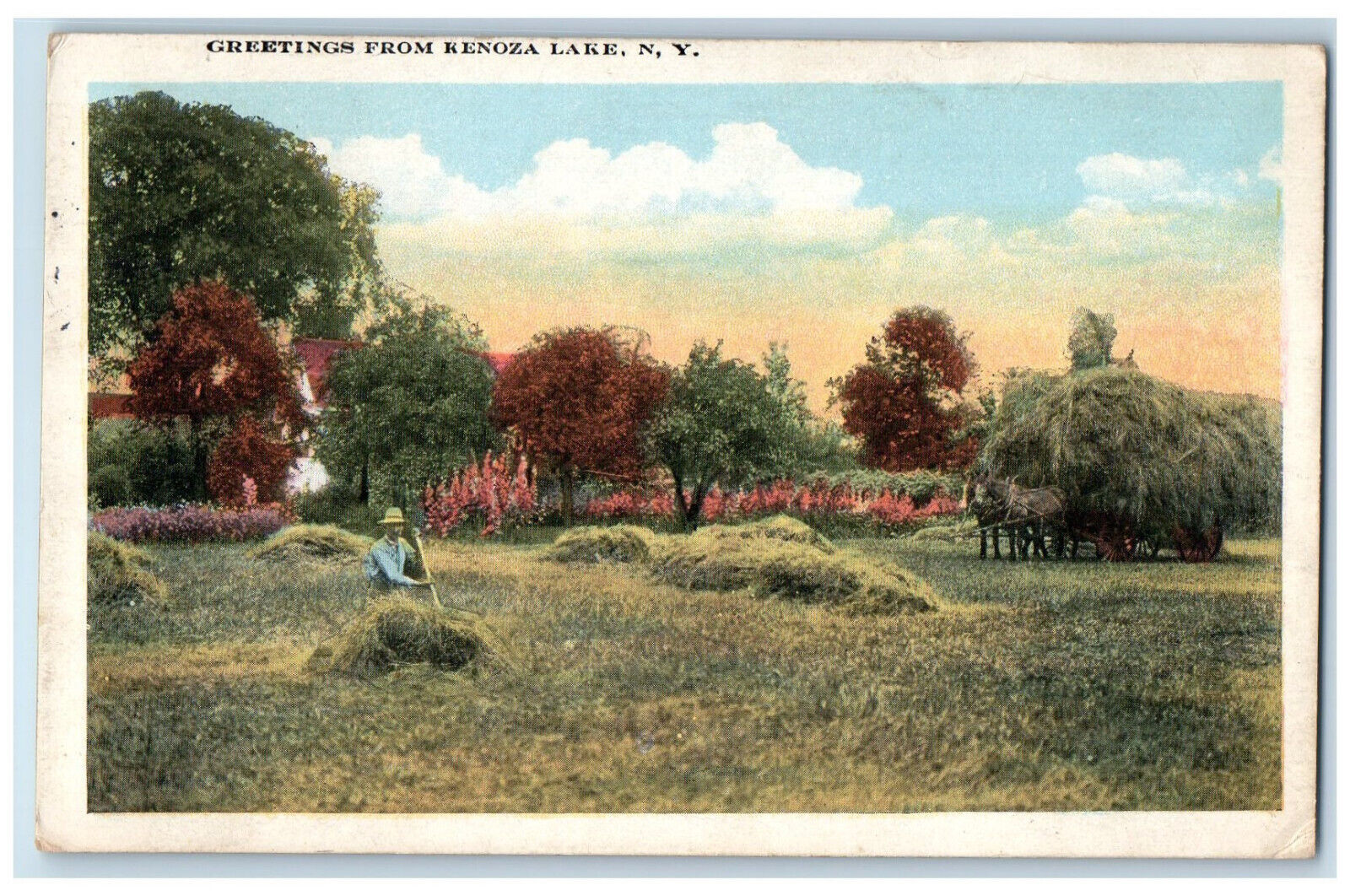 1922 Horse Carrying Barn Greetings from Kenoza Lake New York NY Postcard