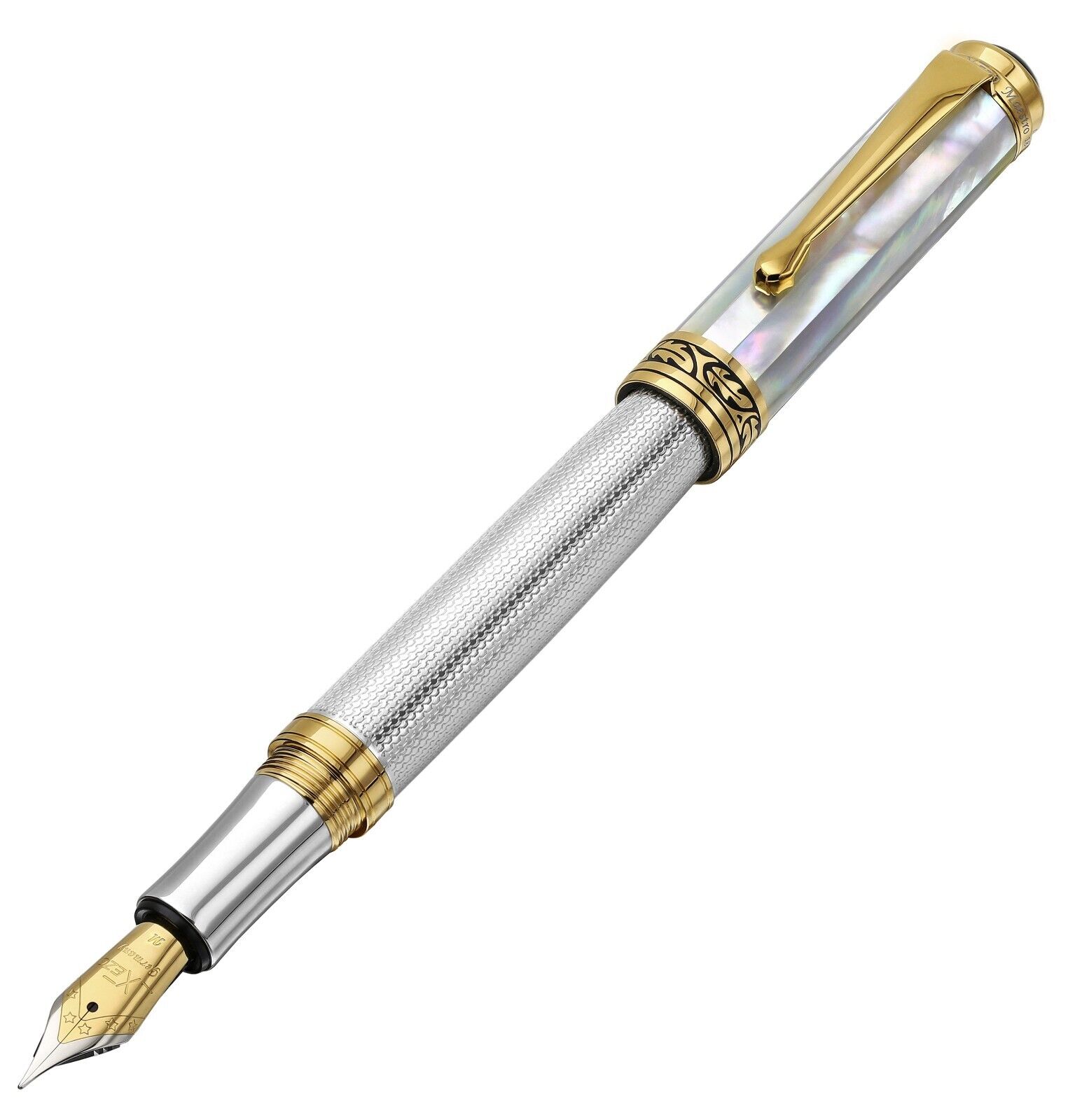 Xezo Maestro Medium Fountain Pen, White Mother of Pearl & Sterling Silver. LE