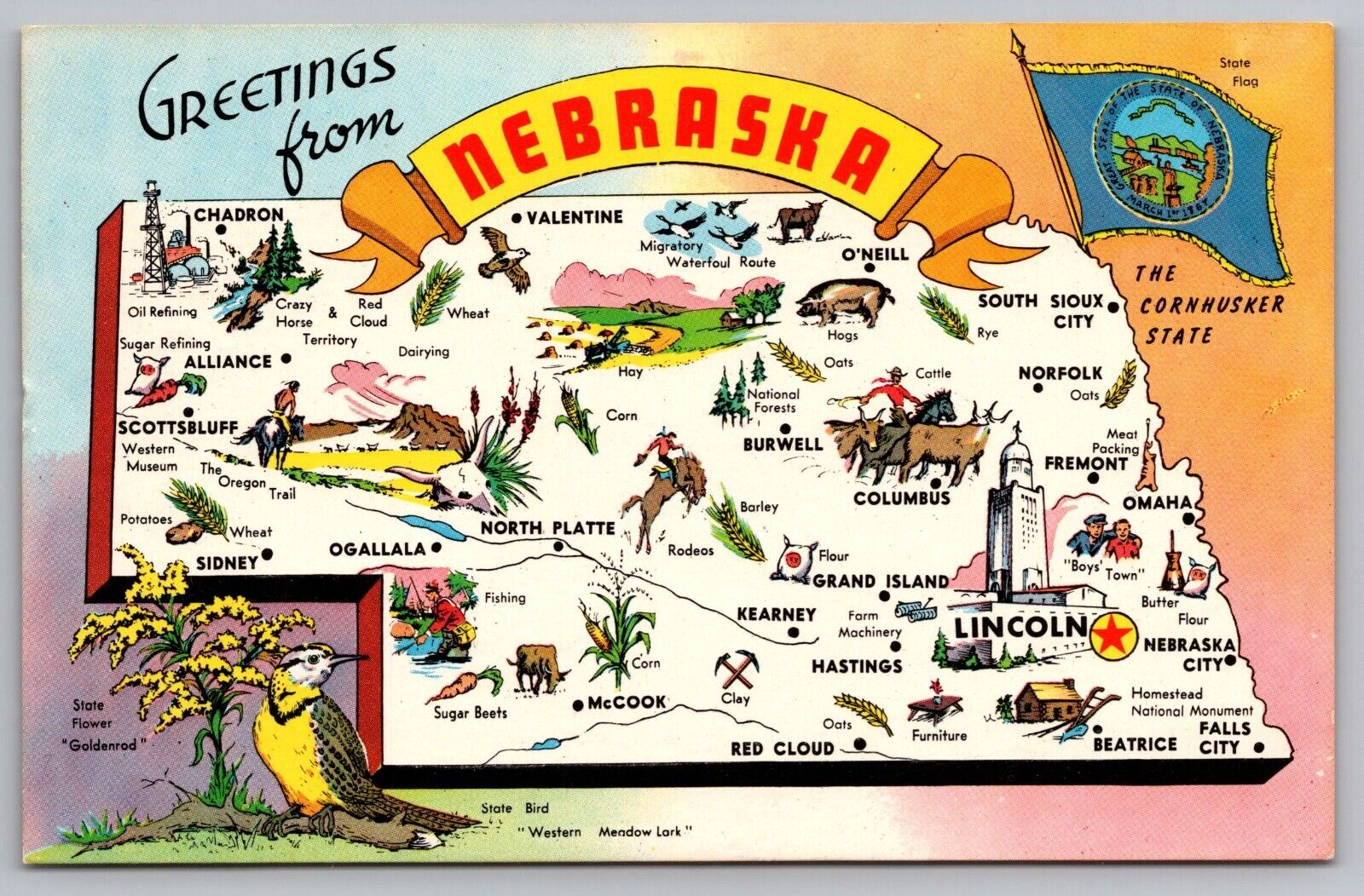 Postcard Greetings from Nebraska Cornhusker State Landmarks Map