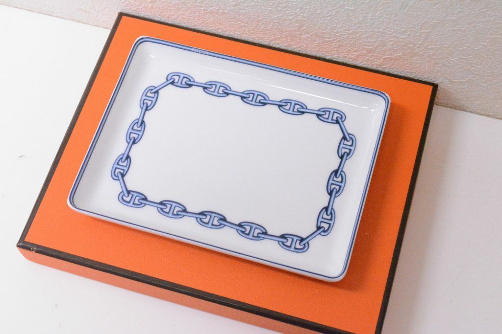 HERMES Paris  Plate Chain D\'ancre Blue Ashtray Porcelain From Japan Authentic