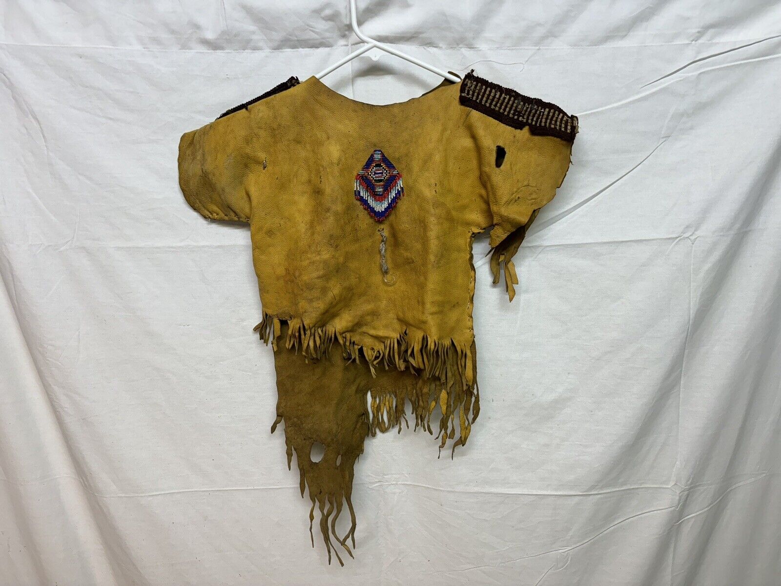 Distressed Vintage Native American Leather Hide Beaded Fringed Top Shirt RARE