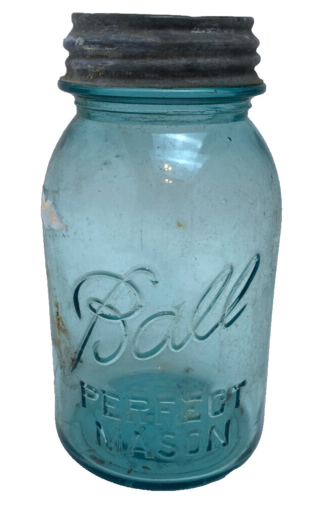 Antique Ball Mason Jar Vintage Blue Glass Canning Zinc Lid