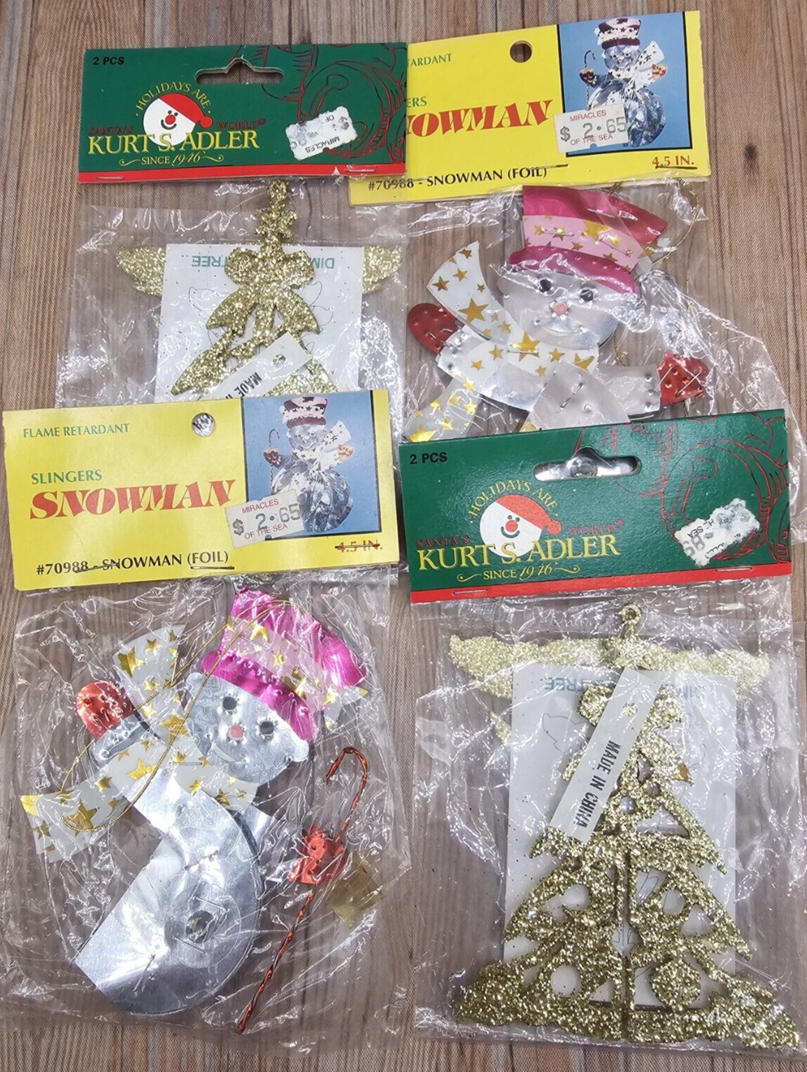 Kurt Adler NOS 4 Packages 2 3-D Gold Trees & 2 Foil Snowmen Vintage Christmas